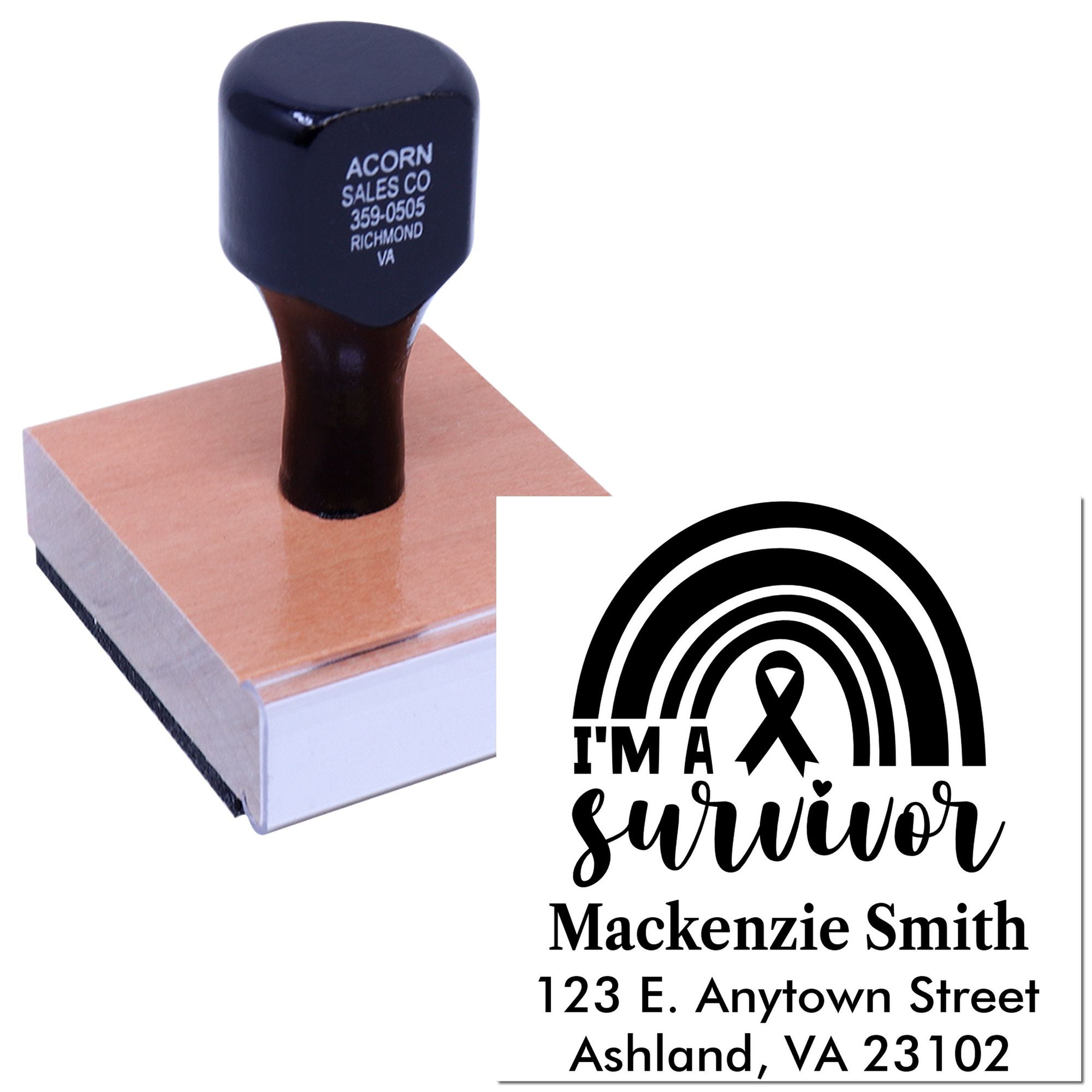 Custom rubber stamp featuring an "I'm a Survivor" rainbow ribbon design with name and address for awareness use.