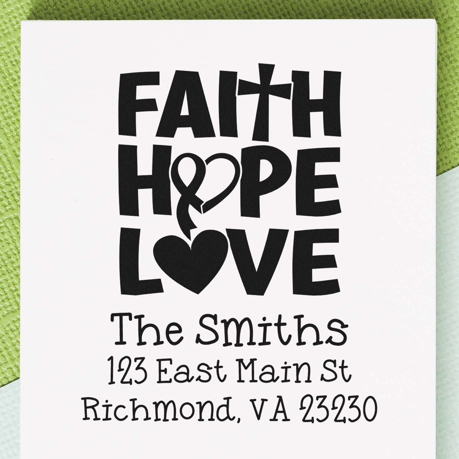 Personalized faith hope love return address rubber stamp for The Smiths, with heart and cross, Richmond, VA 23230.
