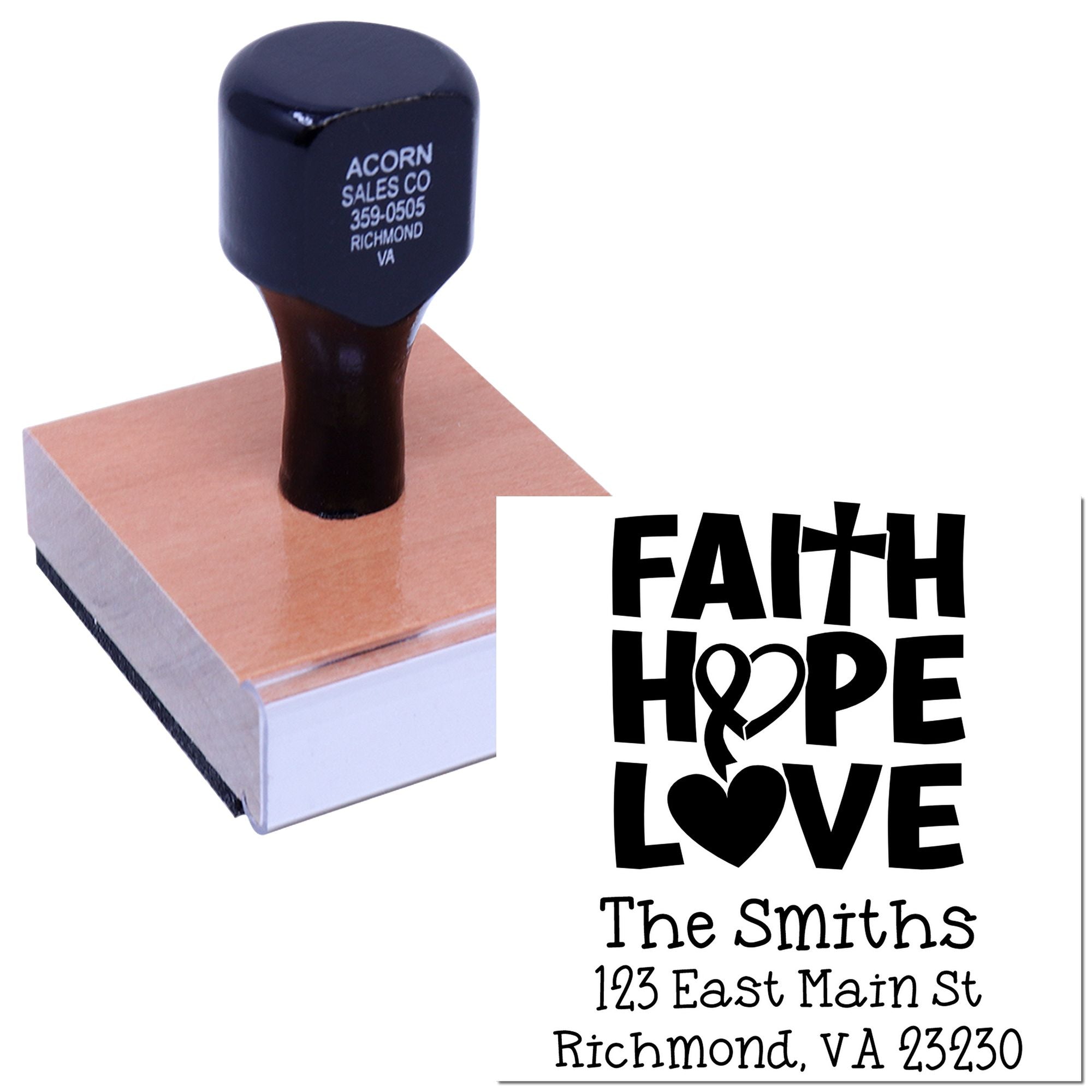 Custom return address rubber stamp with Faith Hope Love design for The Smiths, Richmond, VA mailing and wedding stationery.