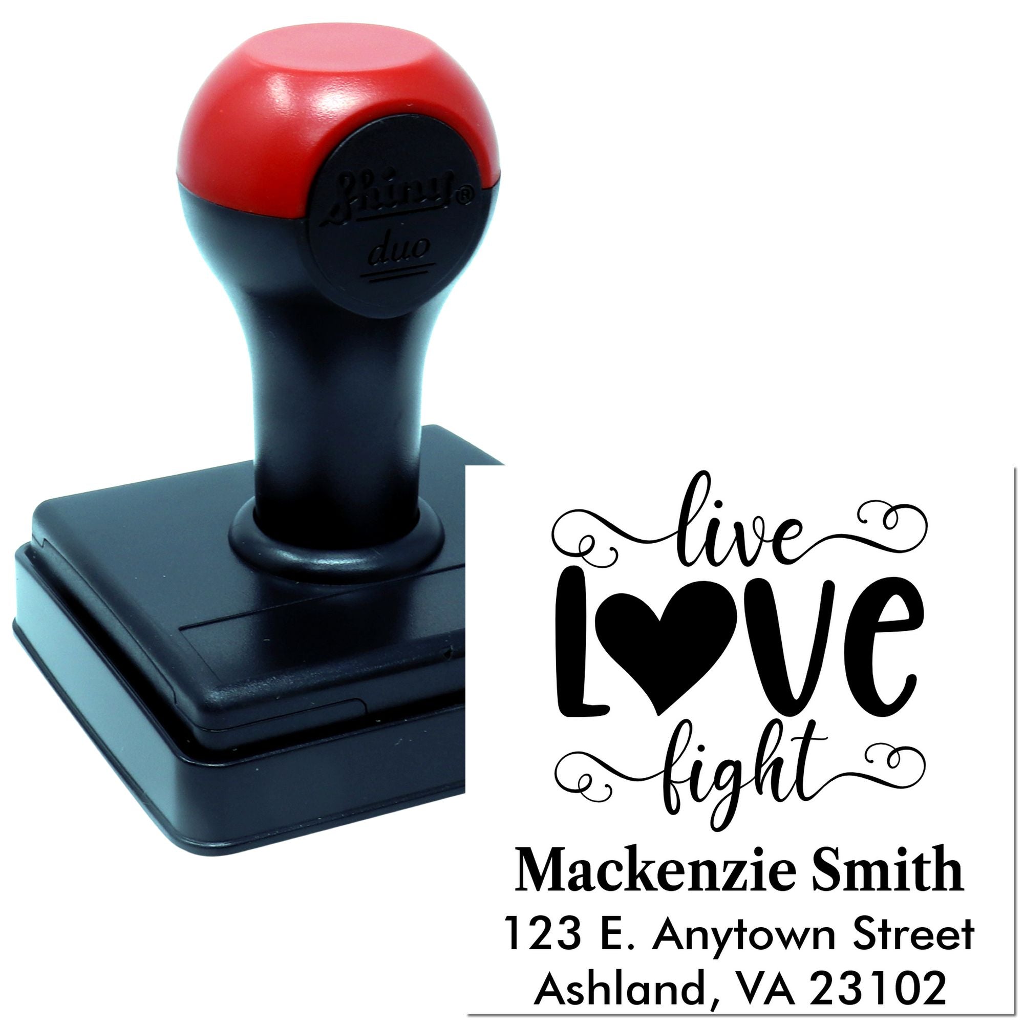 Custom self-inking rubber address stamp with live love fight design for personalized wedding invitations and mail.