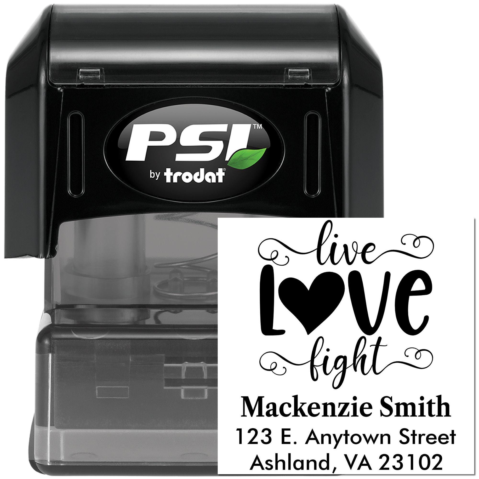 PSI by Trodat self-inking custom rubber stamp with Live Love Fight design and return address for personalized stamping.