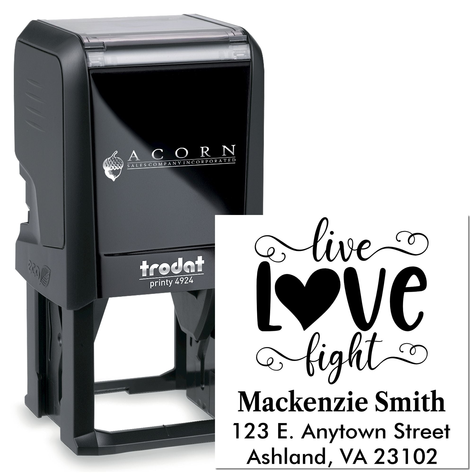 Custom self-inking rubber address stamp with live love fight design, shown on Trodat Printy 4924 stamp body.