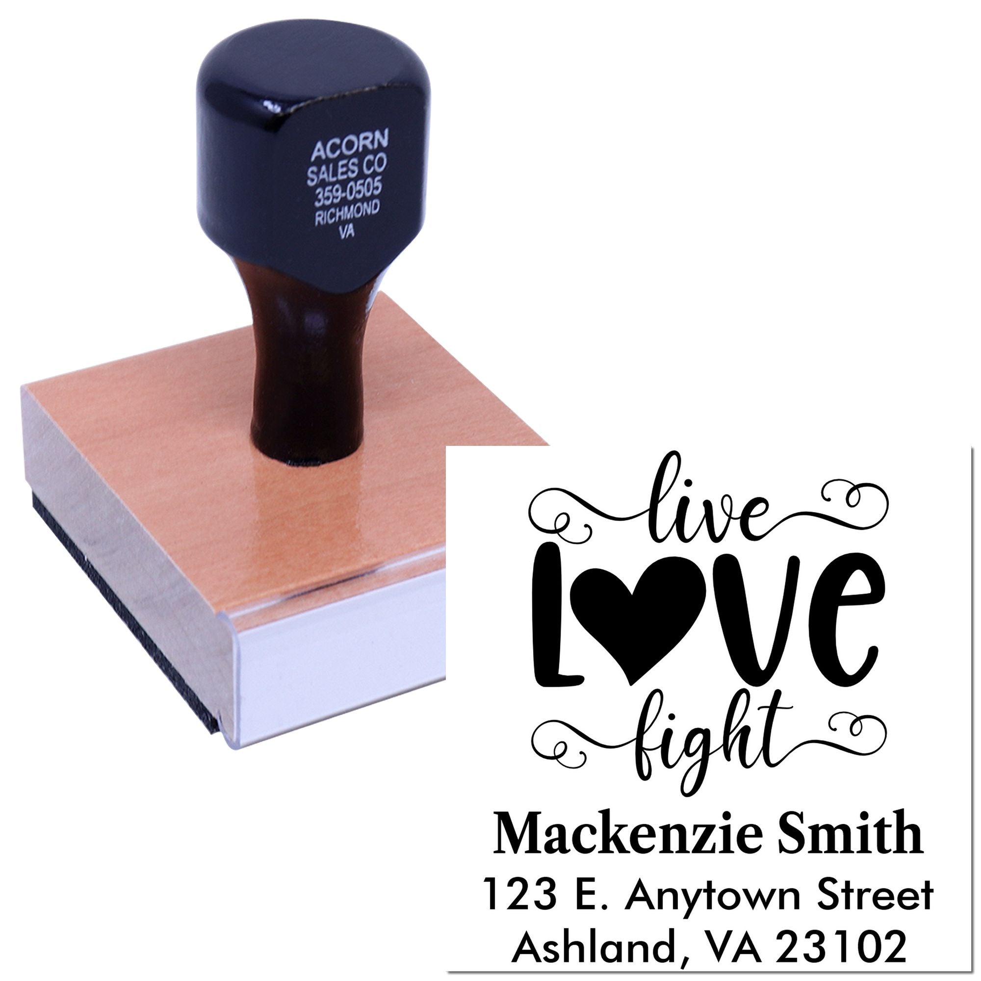 Custom rubber stamp with live love fight return address design for personalized wedding invitations and mailing.