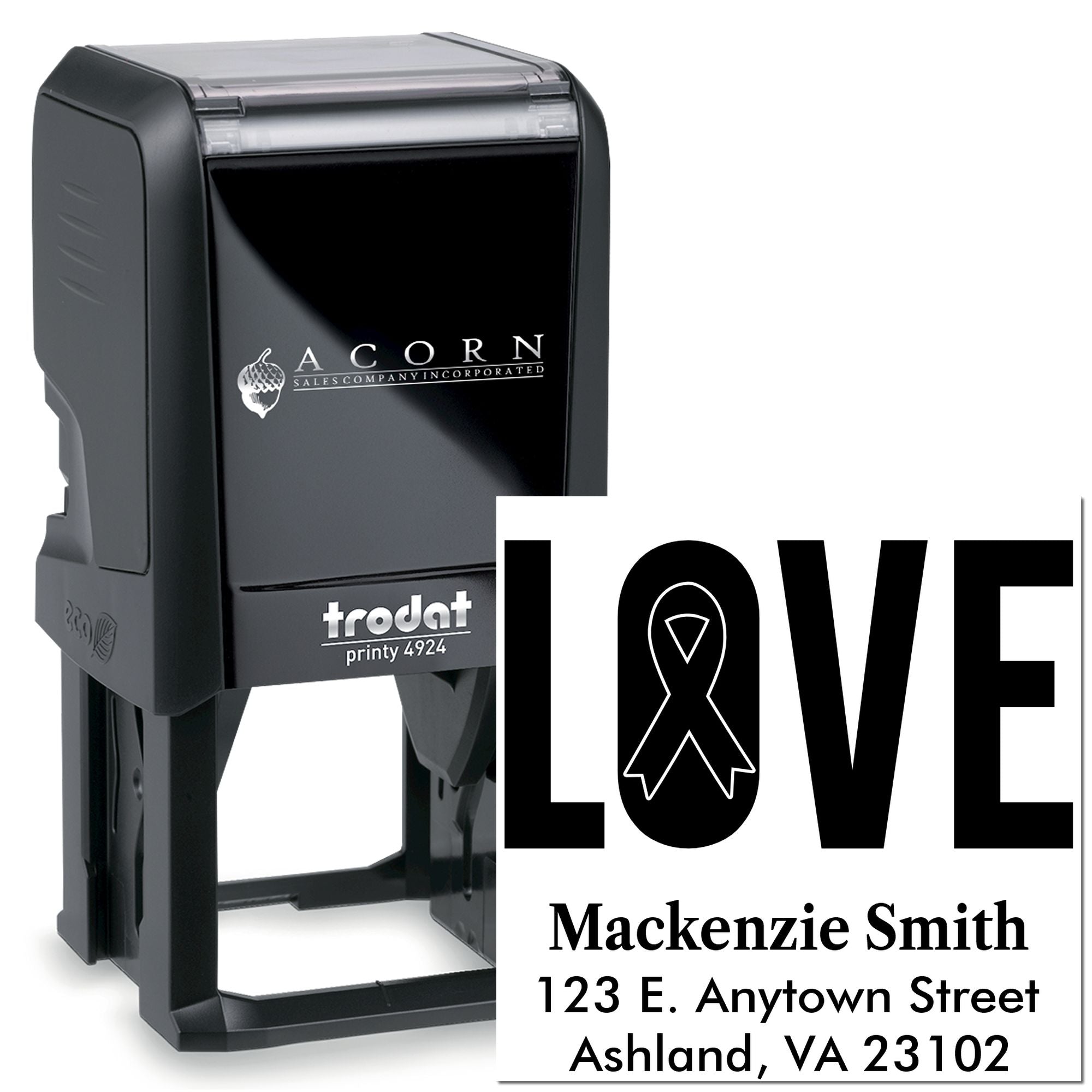 Custom self-inking rubber stamp with personalized LOVE ribbon address imprint, Trodat Printy 4924.