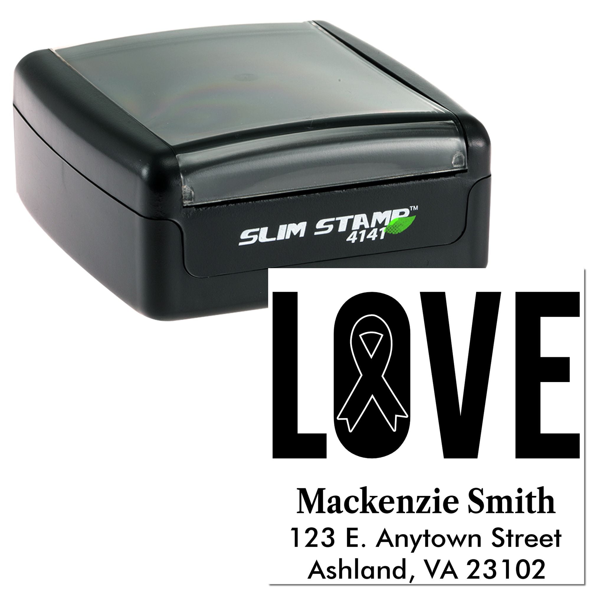 Custom self-inking return address rubber stamp with LOVE ribbon design, personalized for wedding or mailing labels