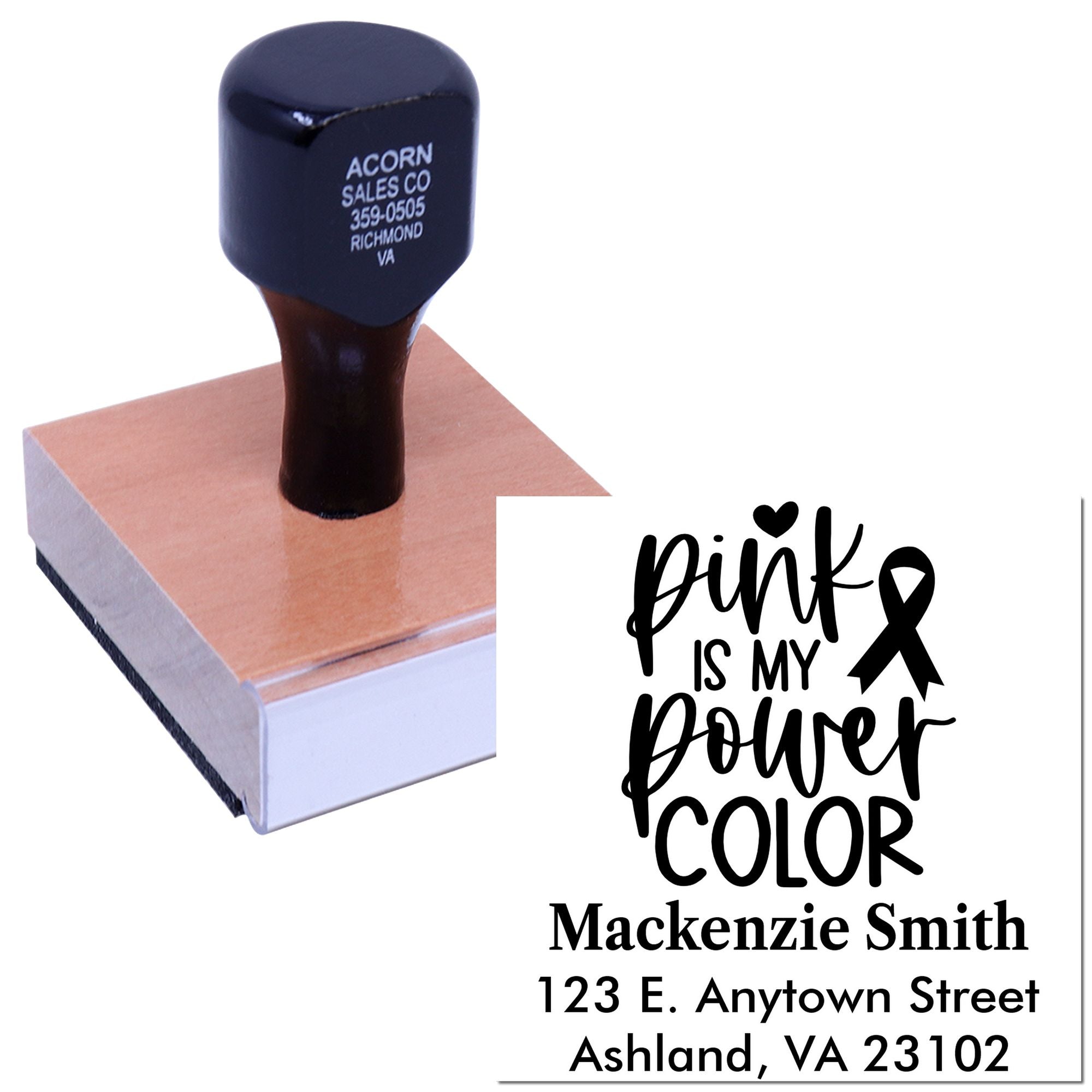 Personalized rubber stamp with Pink Is My Power Color design and name/address imprint for breast cancer awareness.