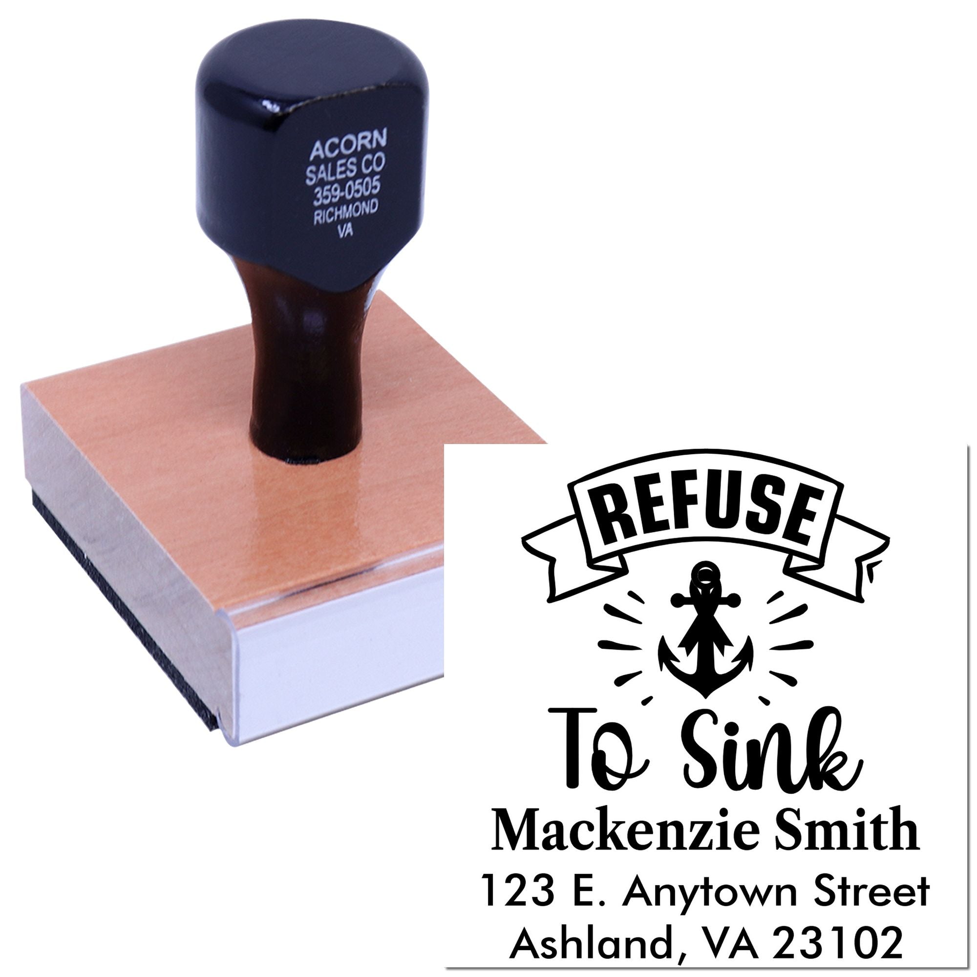Personalized custom rubber address stamp with anchor Refuse to Sink design for mail, stationery, and invitations.