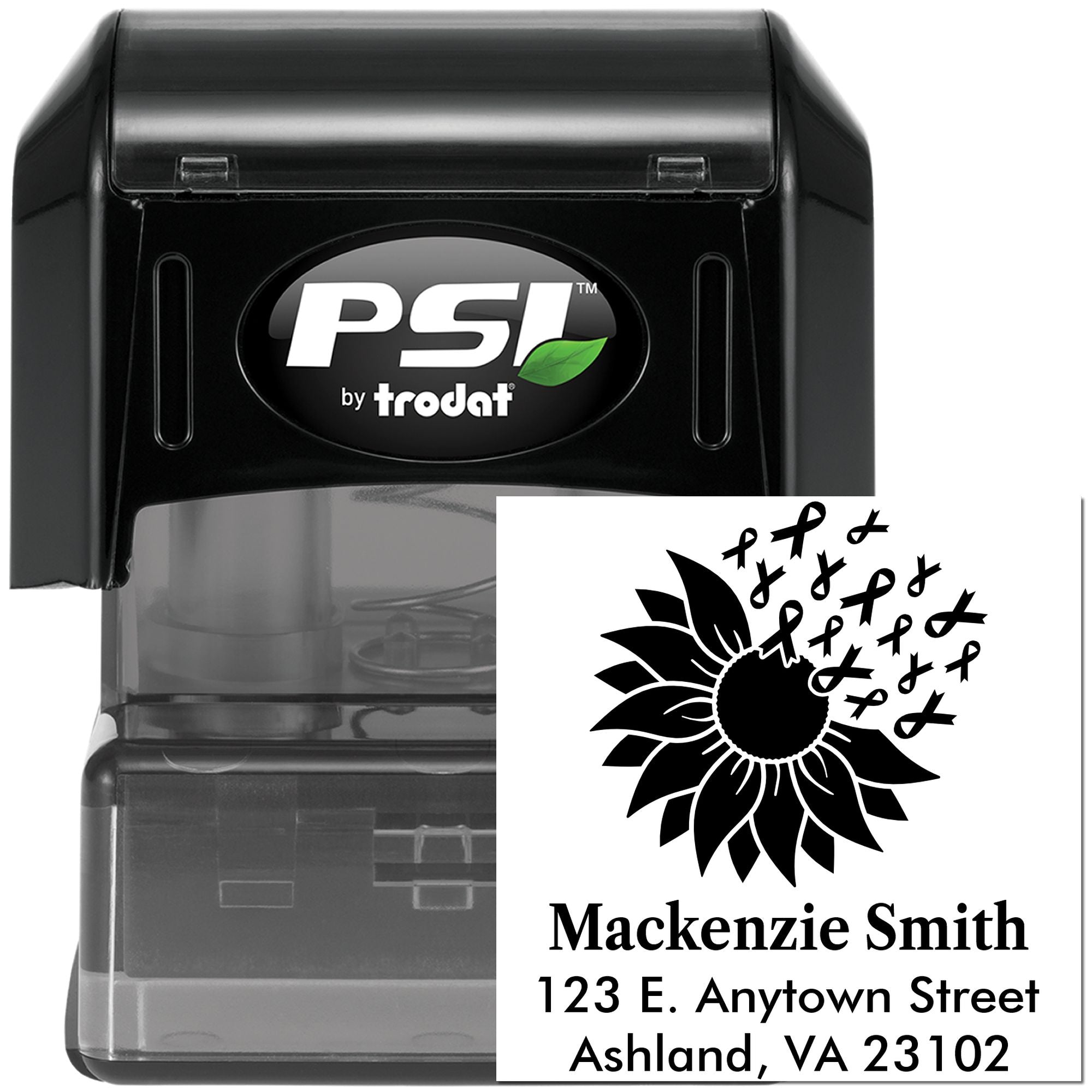 PSI by Trodat self-inking rubber stamp with custom sunflower ribbon return address imprint for awareness mailings.