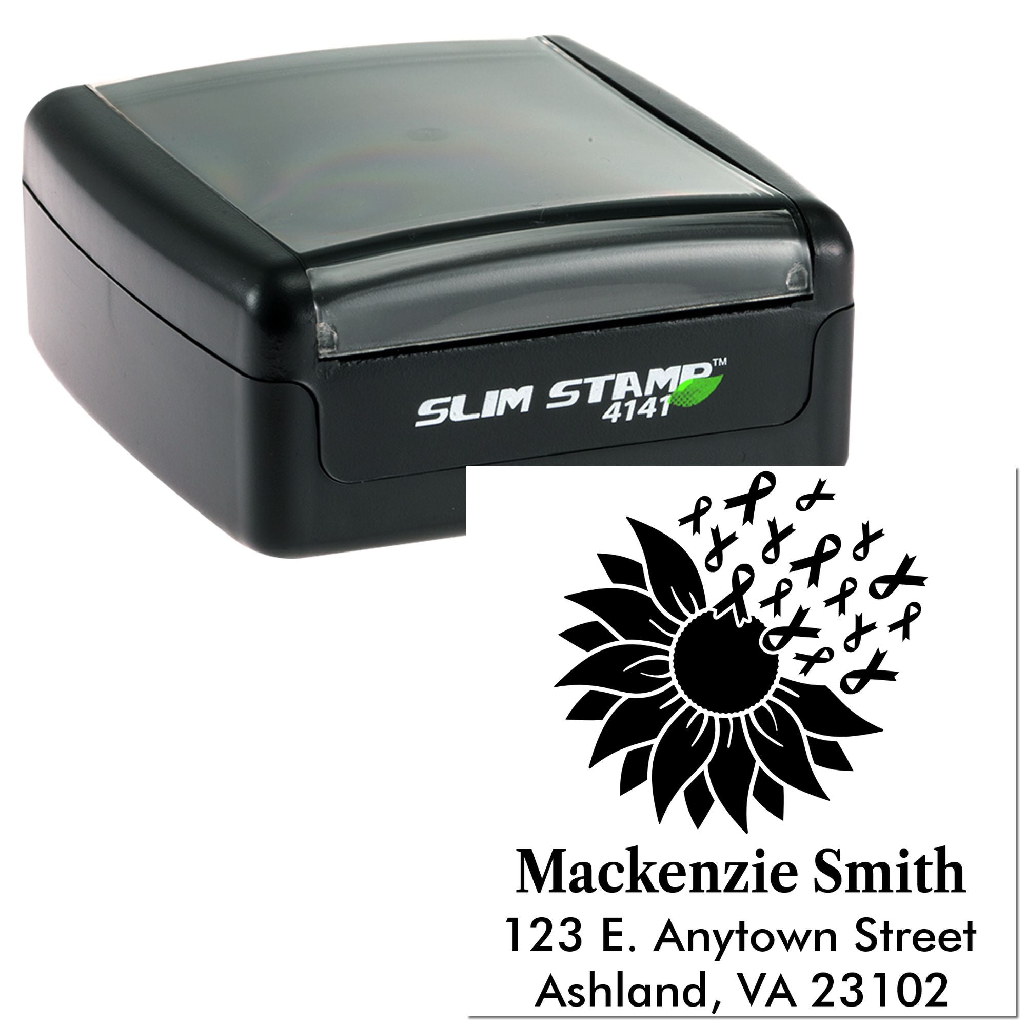 Custom self-inking rubber stamp with sunflower ribbon design and personalized address imprint for Mackenzie Smith.