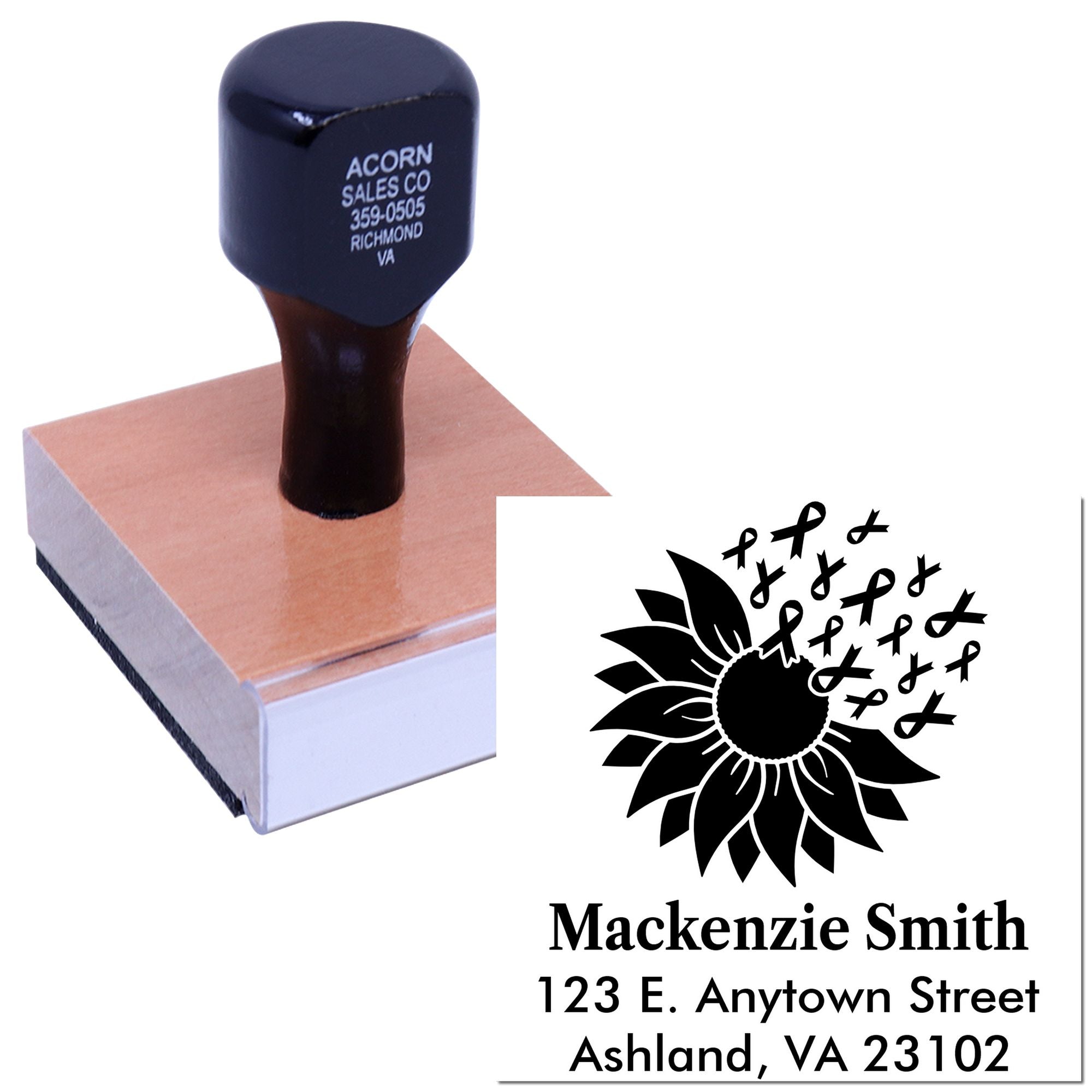 Custom address rubber stamp with sunflower ribbon design for personalized awareness mailings.