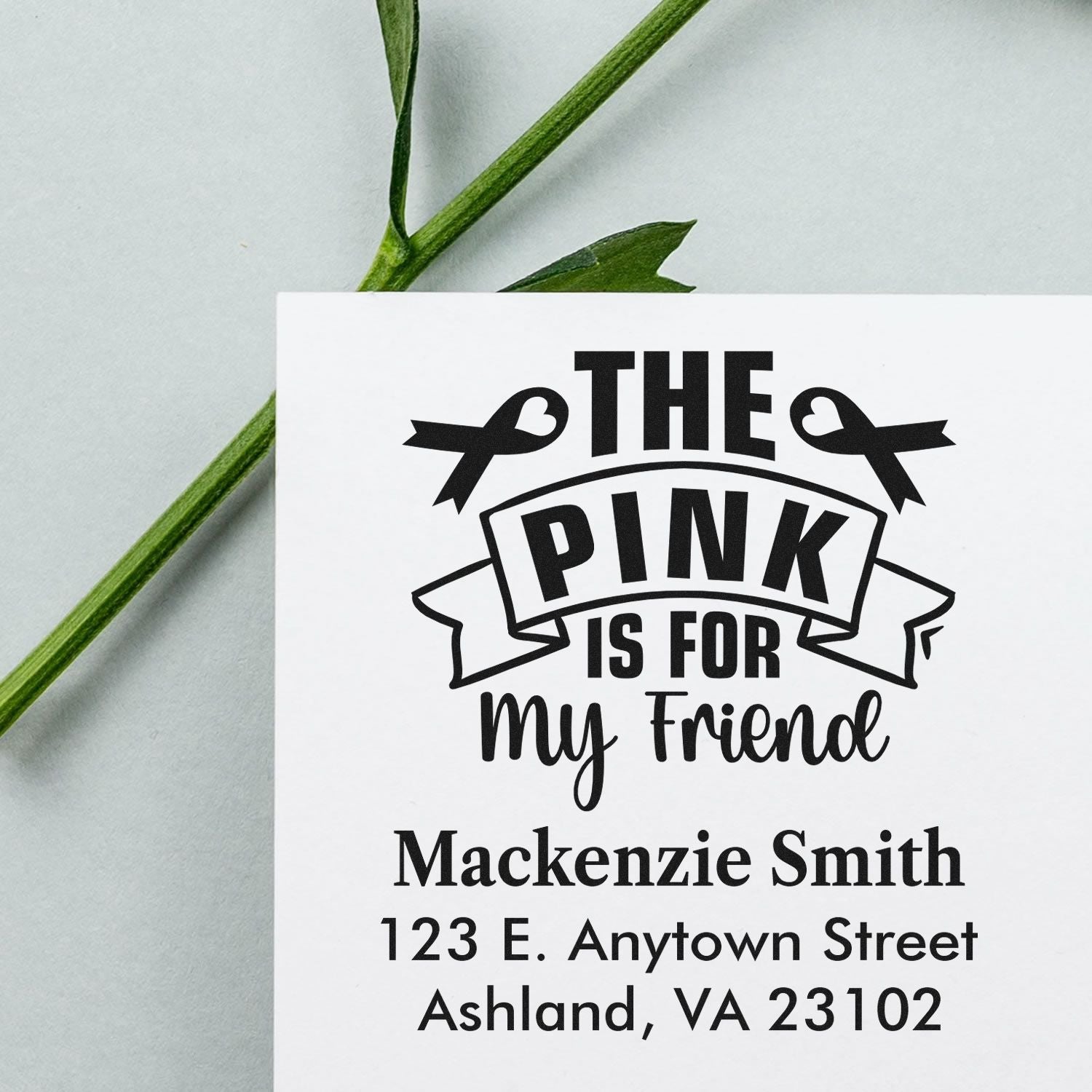 Personalized return address rubber stamp with pink ribbon friendship design for Mackenzie Smith.