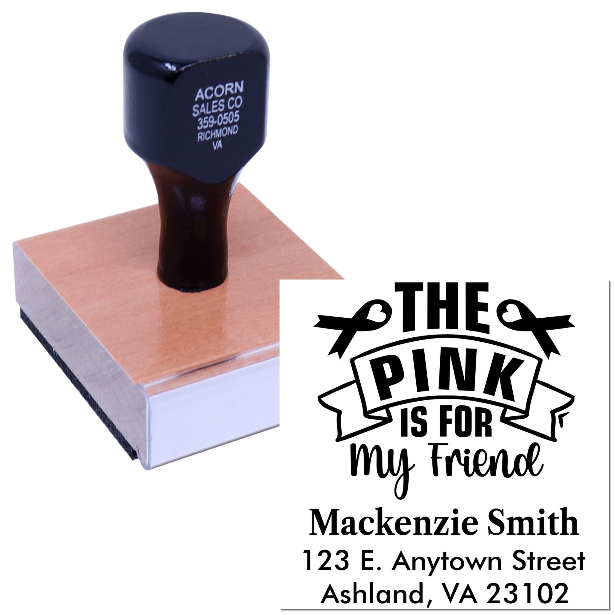 Custom rubber stamp with personalized name and address, shown stamping an ink pad for self-inking office use.