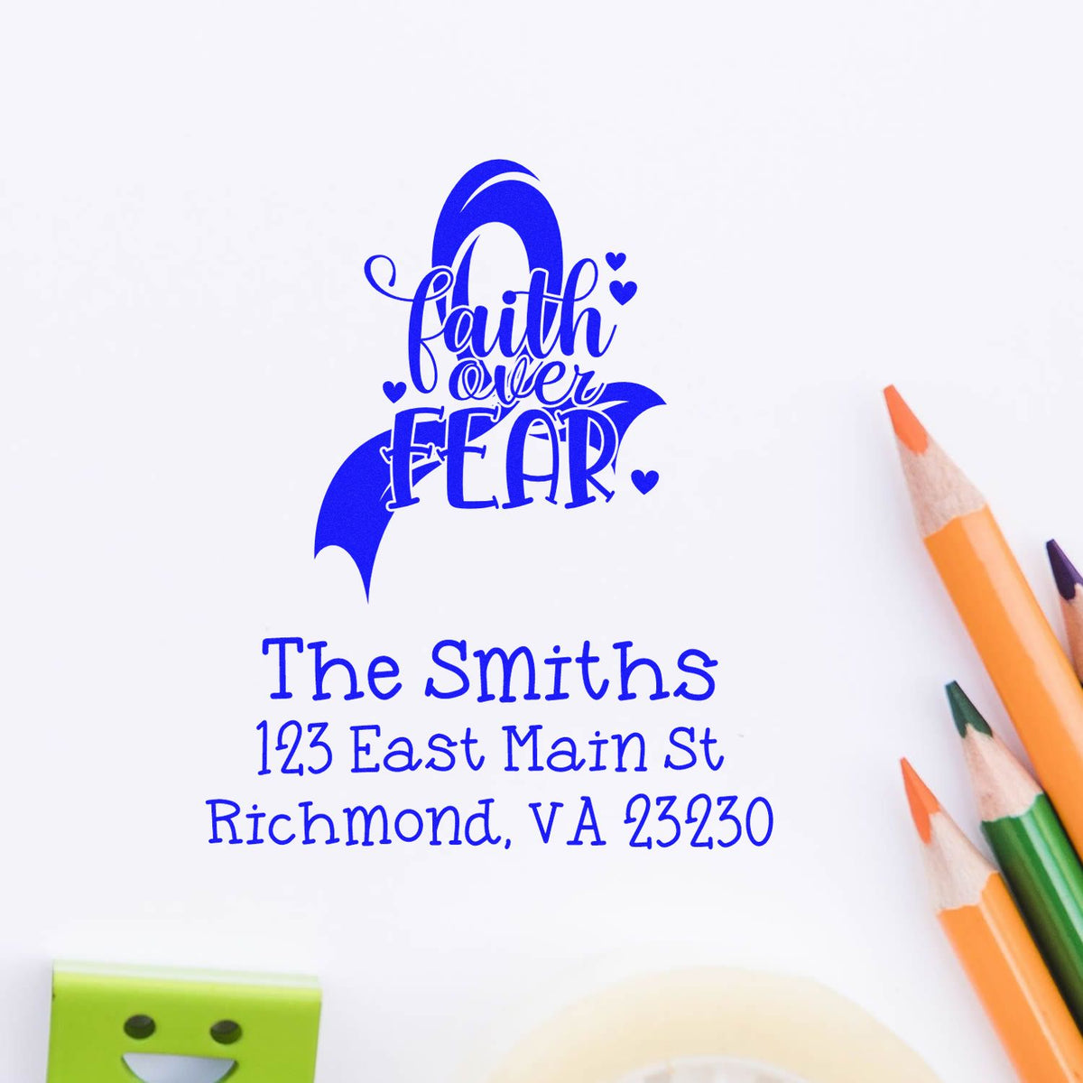 Custom rubber stamp design with Faith Over Fear and The Smiths return address for personalized mailing and crafts.