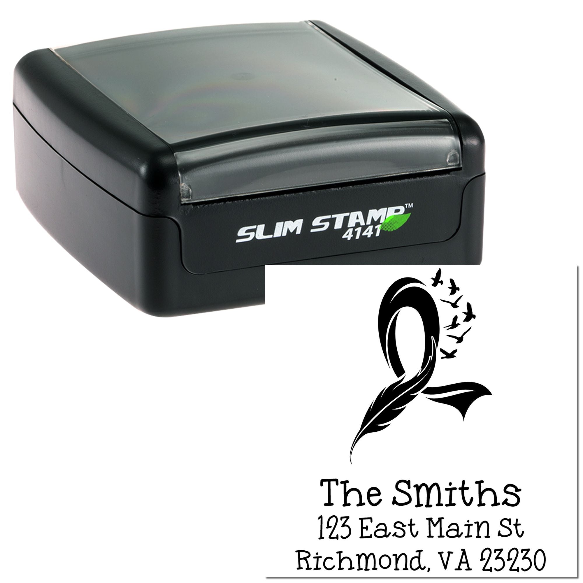 Custom self-inking Slim Stamp 4141 address rubber stamp with feather and birds design for personalized family mailings.
