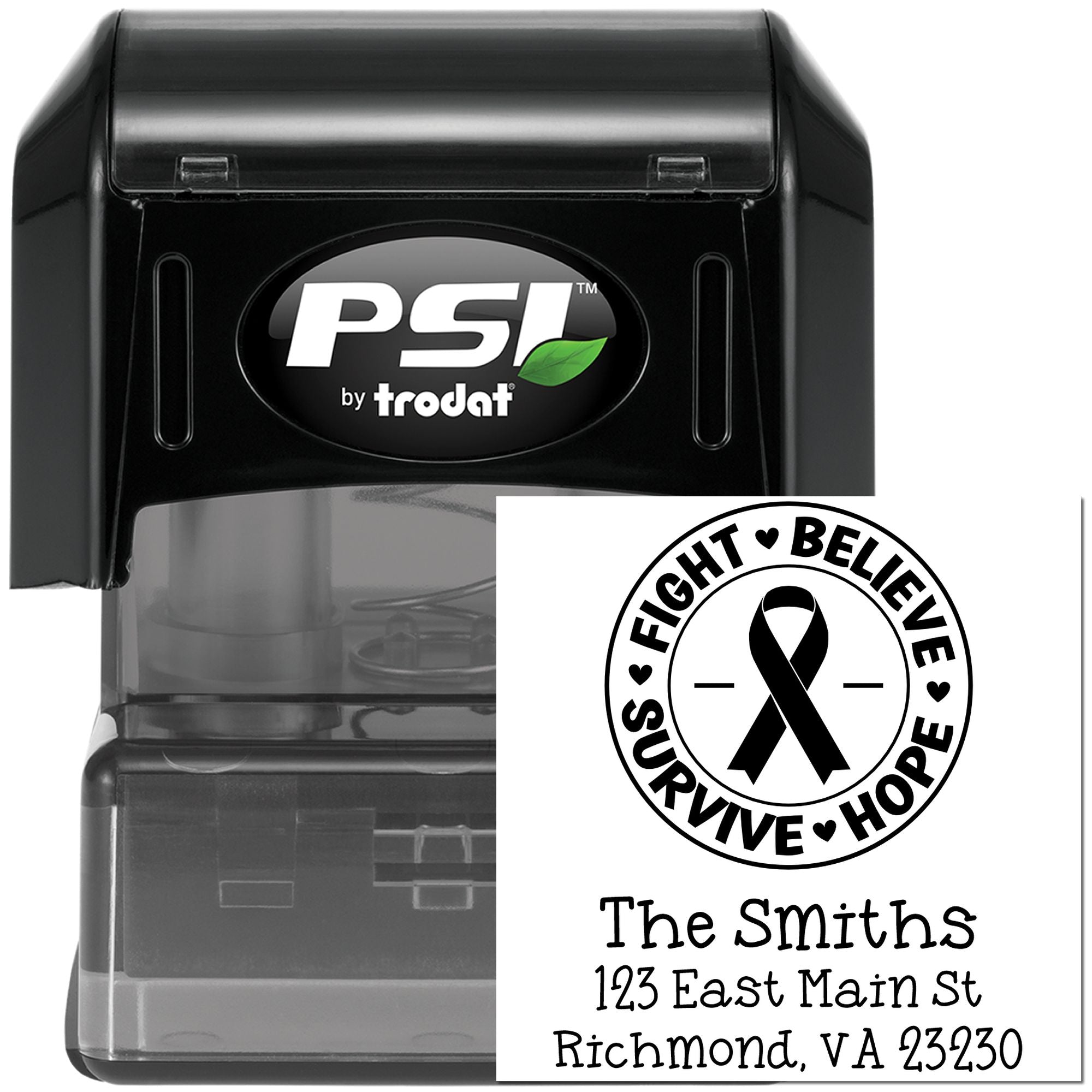 Custom self-inking rubber stamp with Fight Believe Survive Hope ribbon and personalized The Smiths address for awareness mailings.
