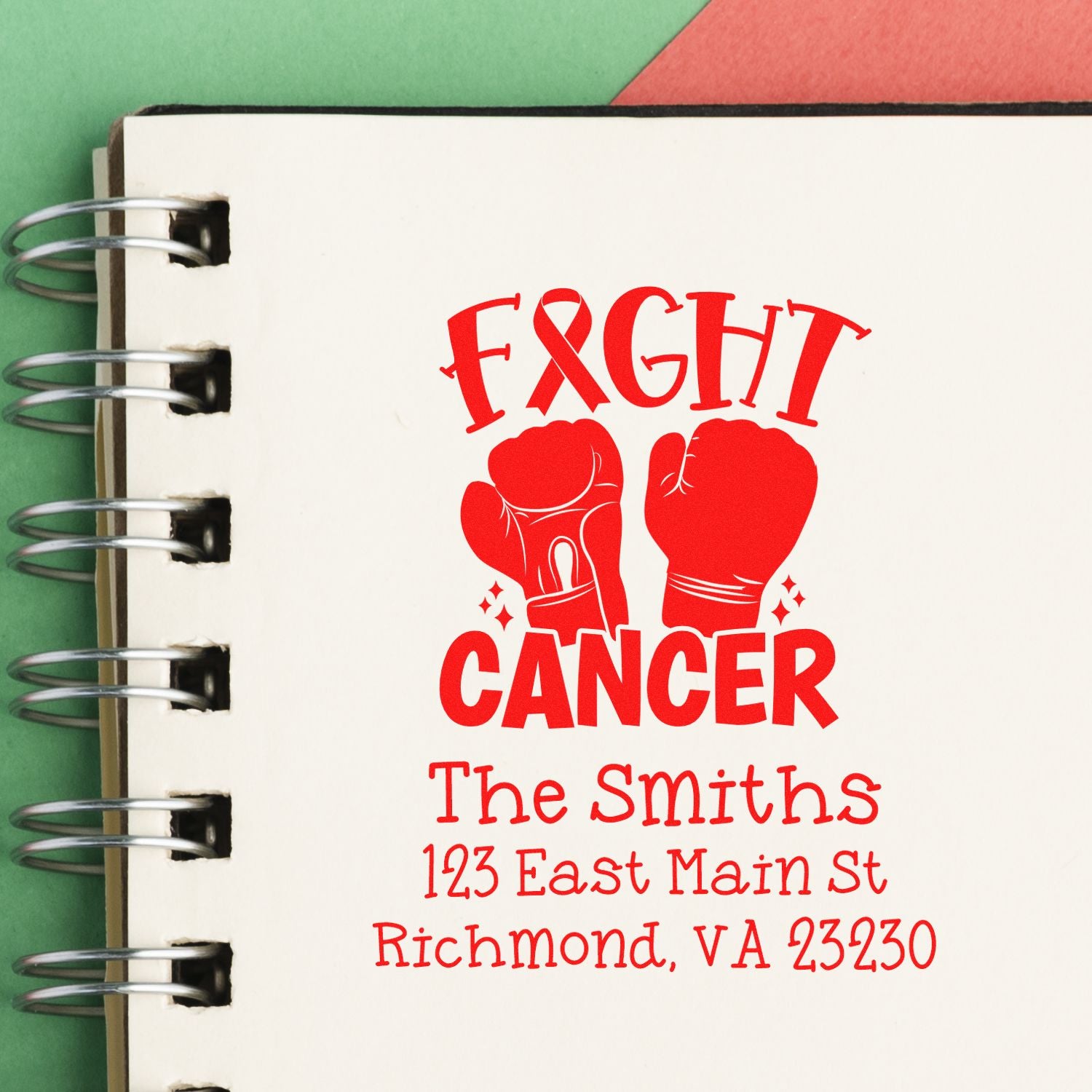 Custom Fight Cancer rubber stamp with boxing gloves and personalized return address for The Smiths.