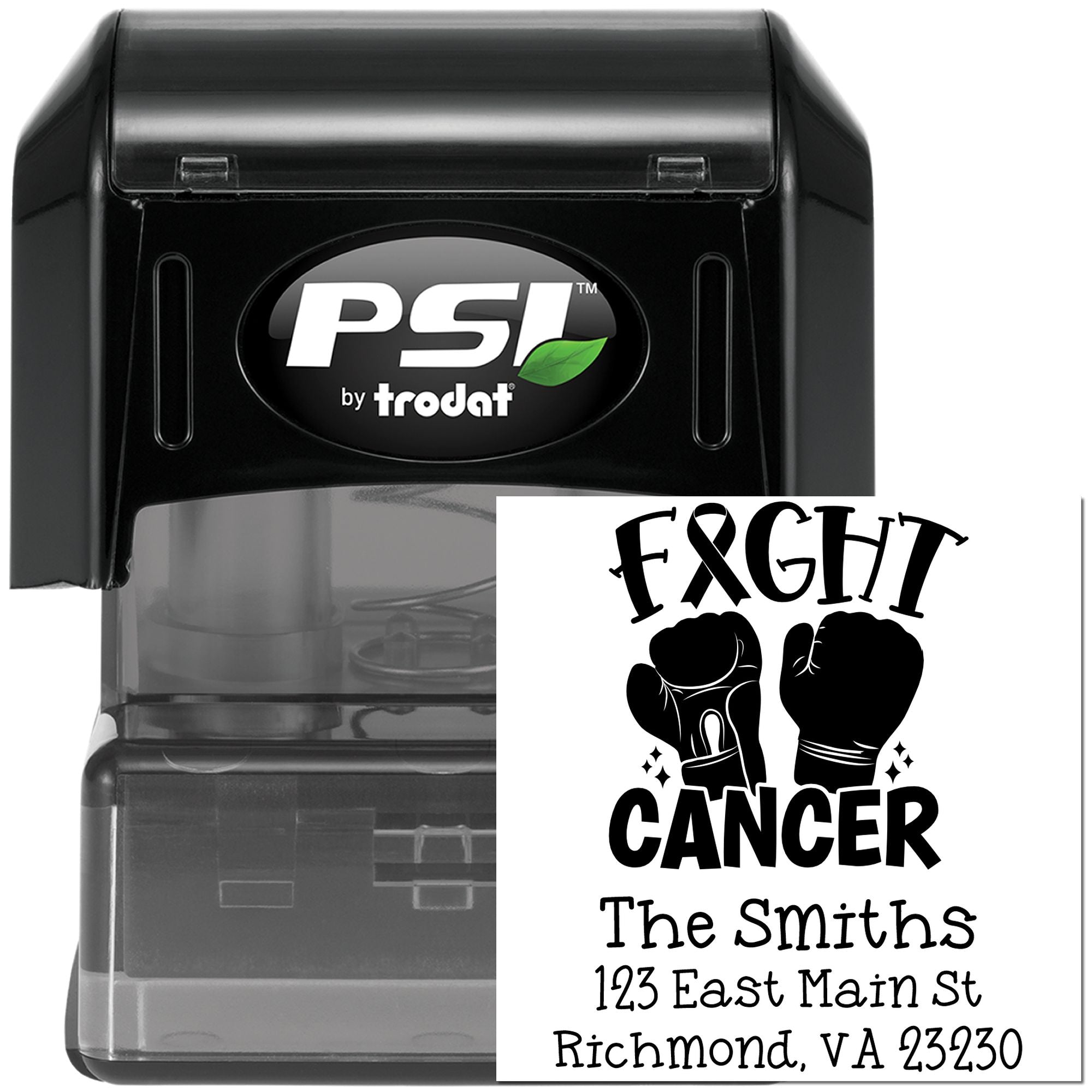 PSI by Trodat custom self-inking address stamp with Fight Cancer boxing glove design and The Smiths return address