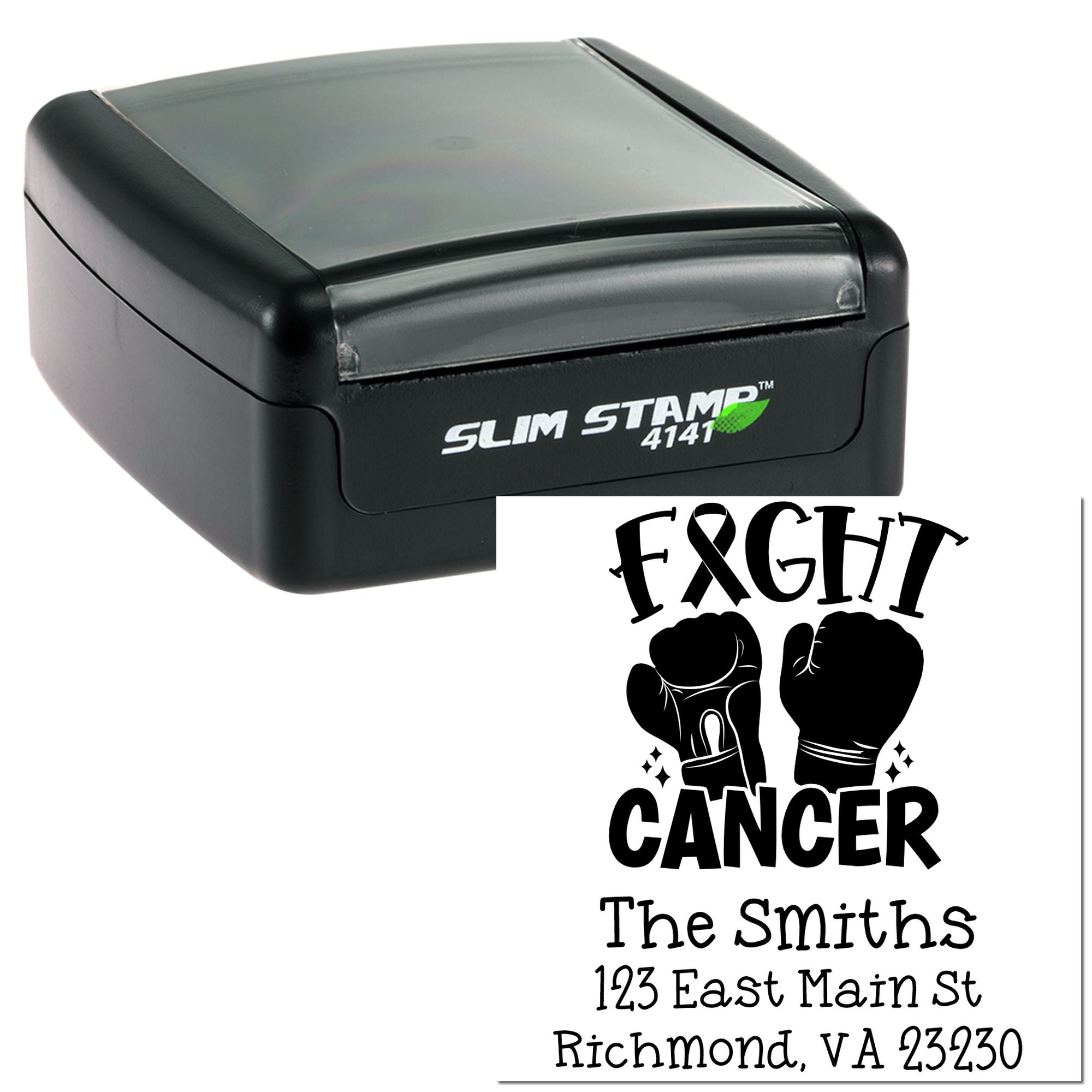 Custom self-inking rubber stamp featuring Fight Cancer boxing gloves and return address for The Smiths, Richmond, VA.