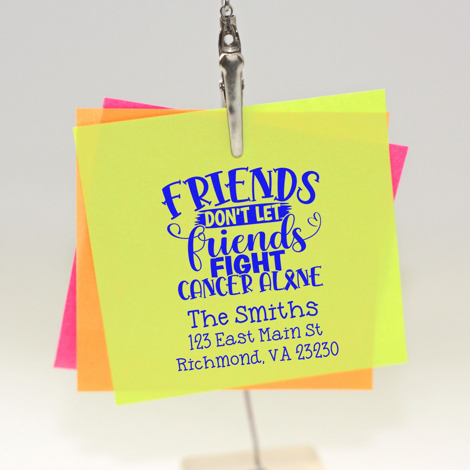 Custom rubber stamp with Friends dont let friends fight cancer alone and personalized name and address.