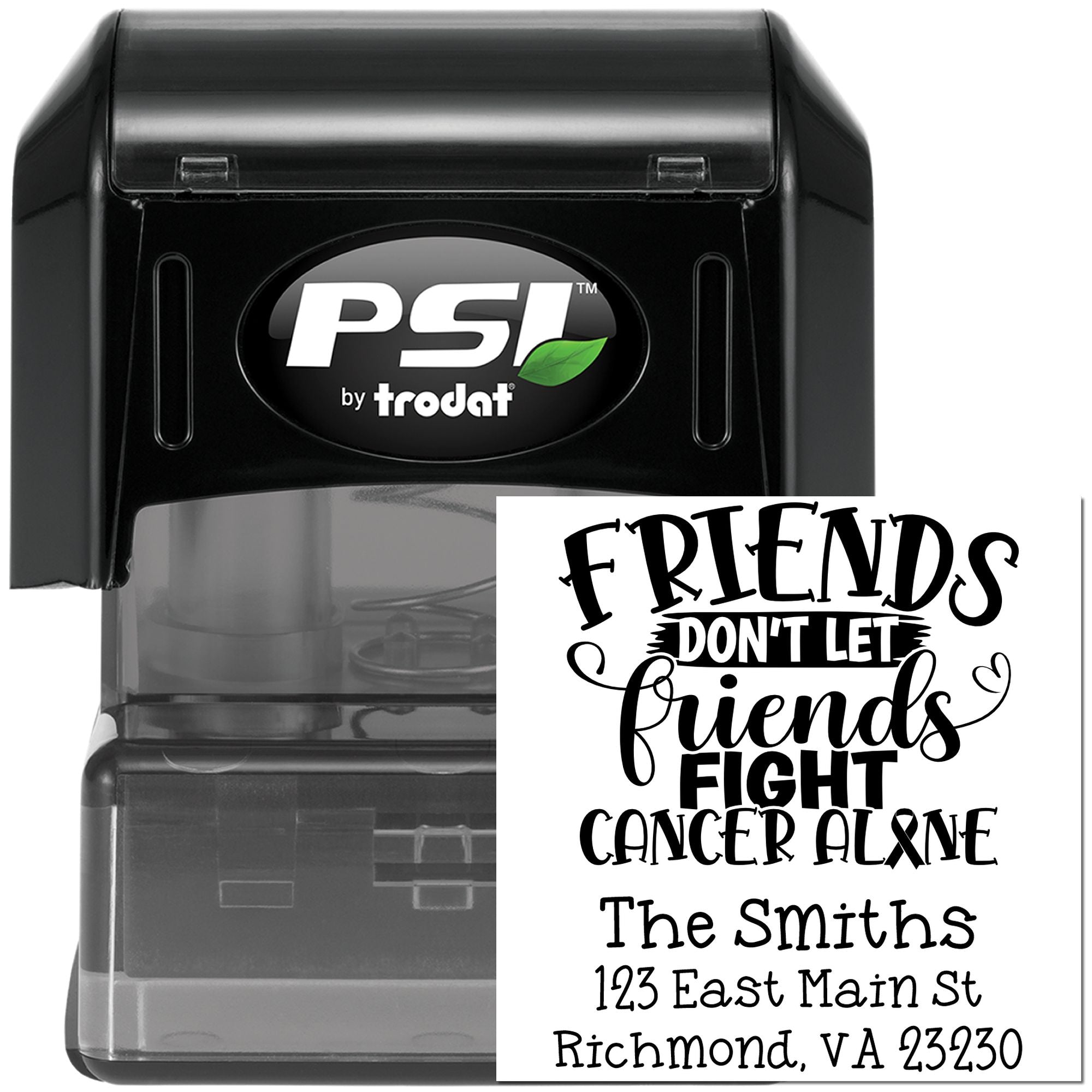 Custom self-inking rubber stamp by PSI Trodat, showing a personalized address and awareness message imprint sample.