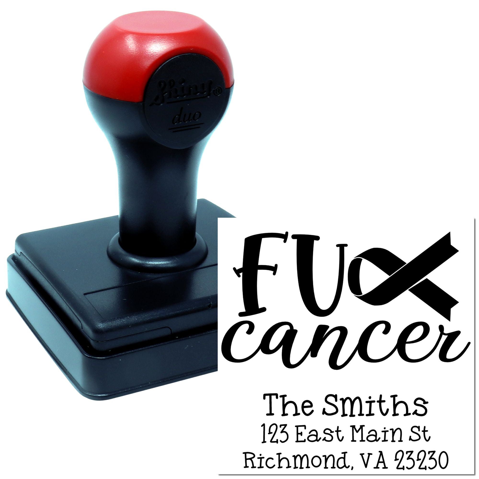 Personalized self-inking rubber stamp for cancer awareness with Fuck Cancer message and return address.