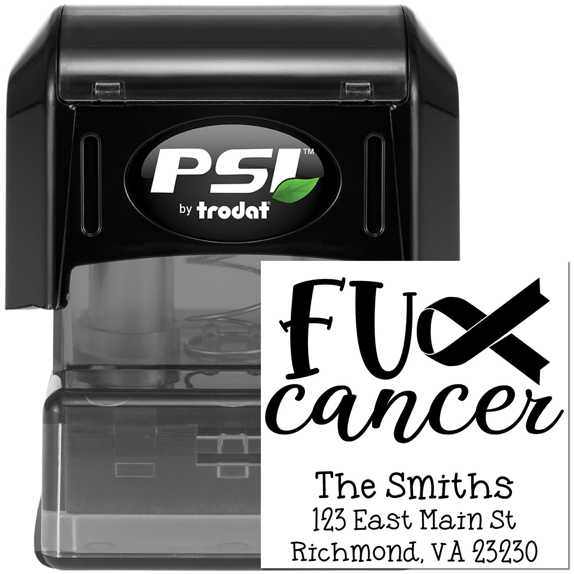 Custom self-inking address stamp with Fu Cancer message and cancer ribbon for The Smiths