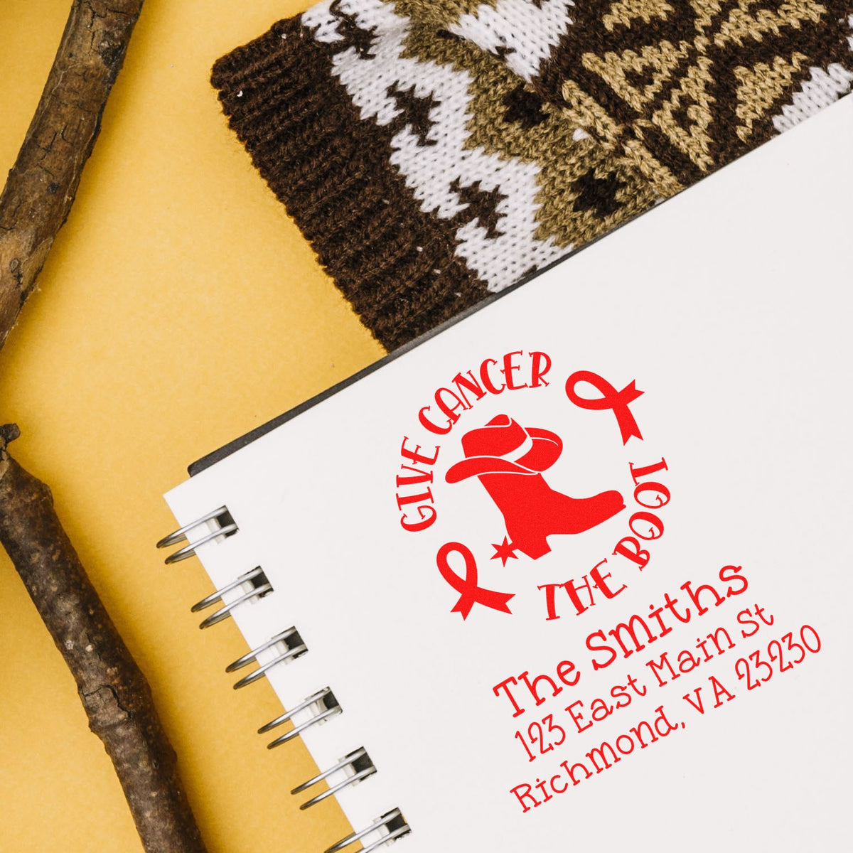 Custom rubber stamp for cancer awareness stationery with Give Cancer the Boot design and return address.
