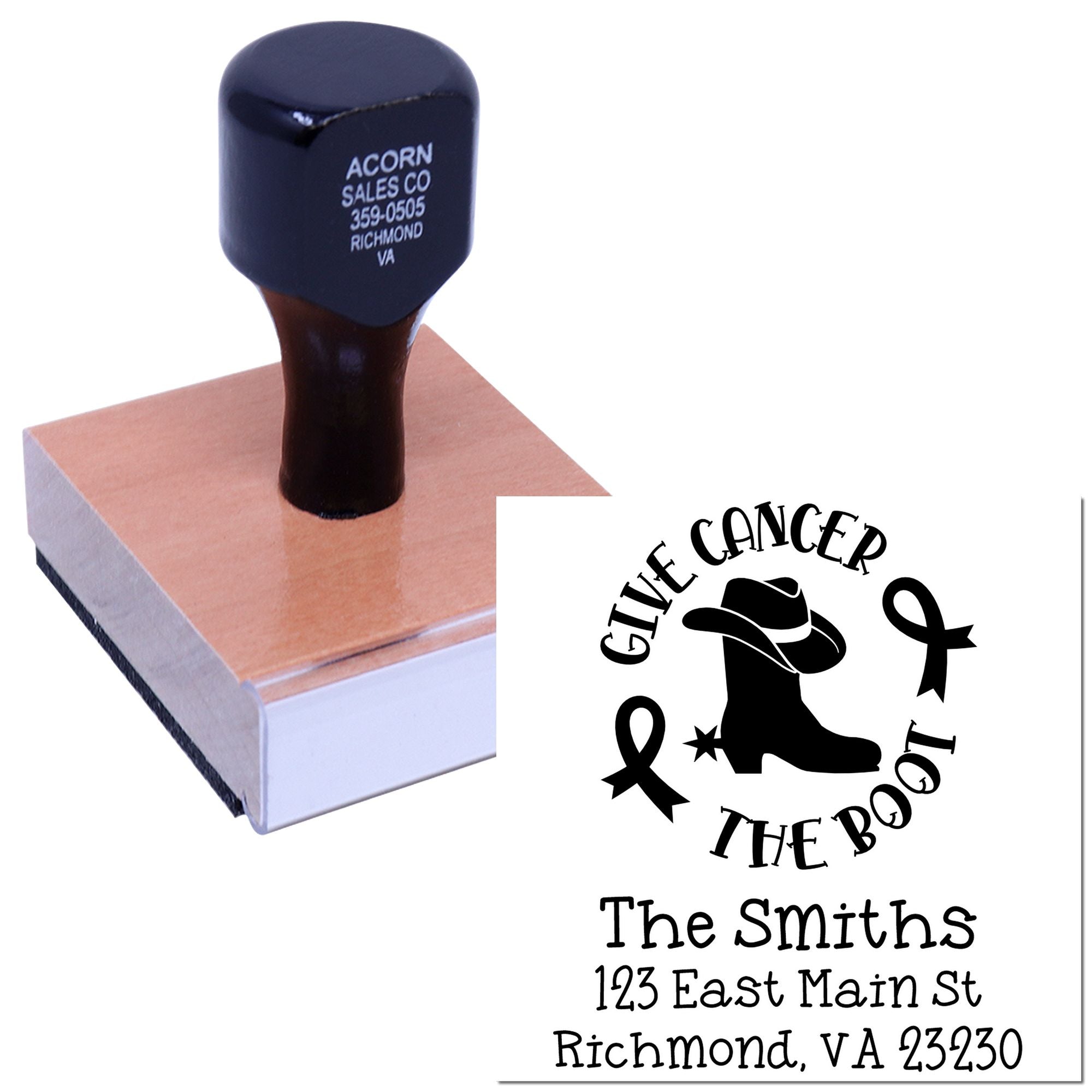Custom rubber stamp for breast cancer awareness, featuring Give Cancer the Boot design and personalized return address.
