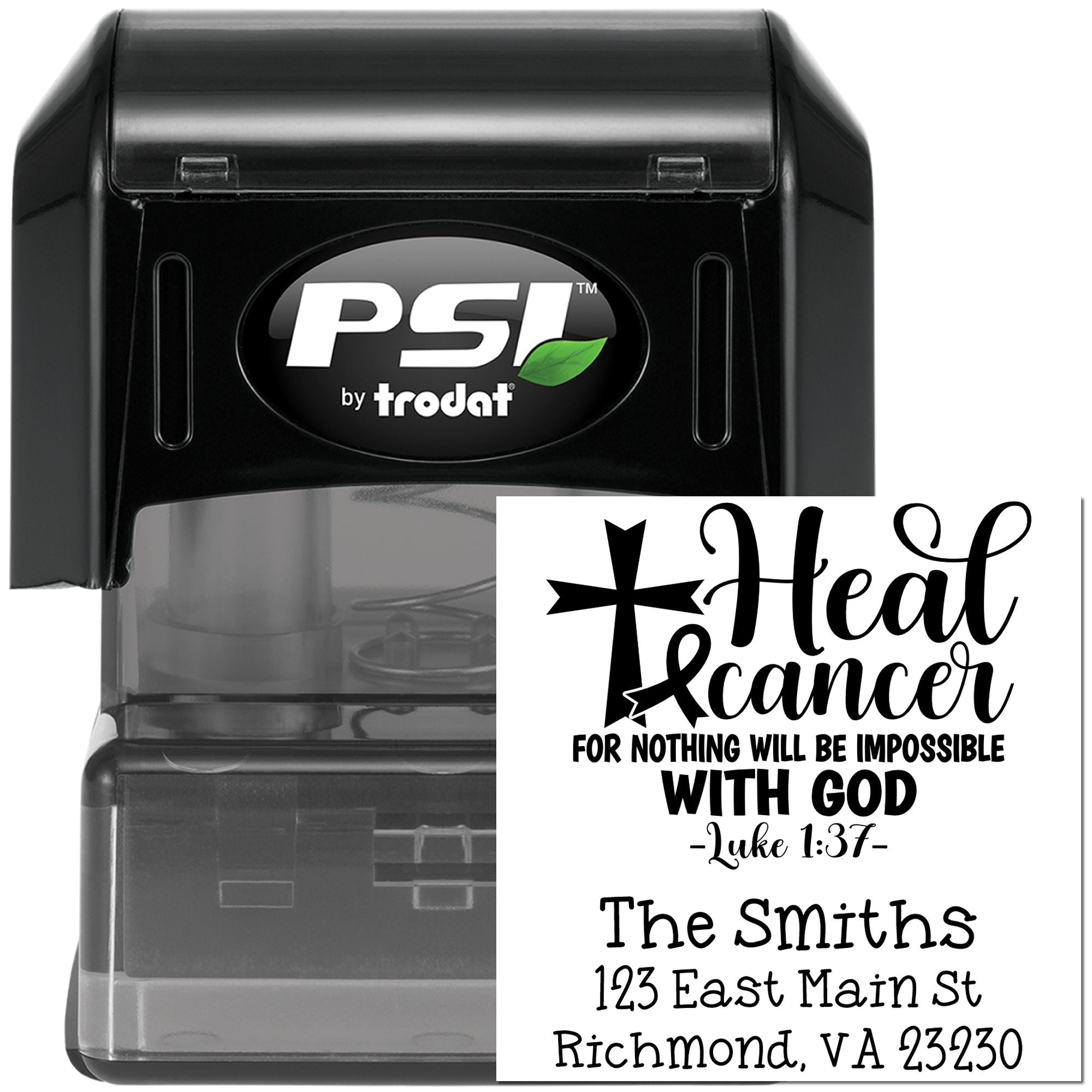 Faith-based custom self-inking rubber stamp with Heal Cancer Bible verse and return address.