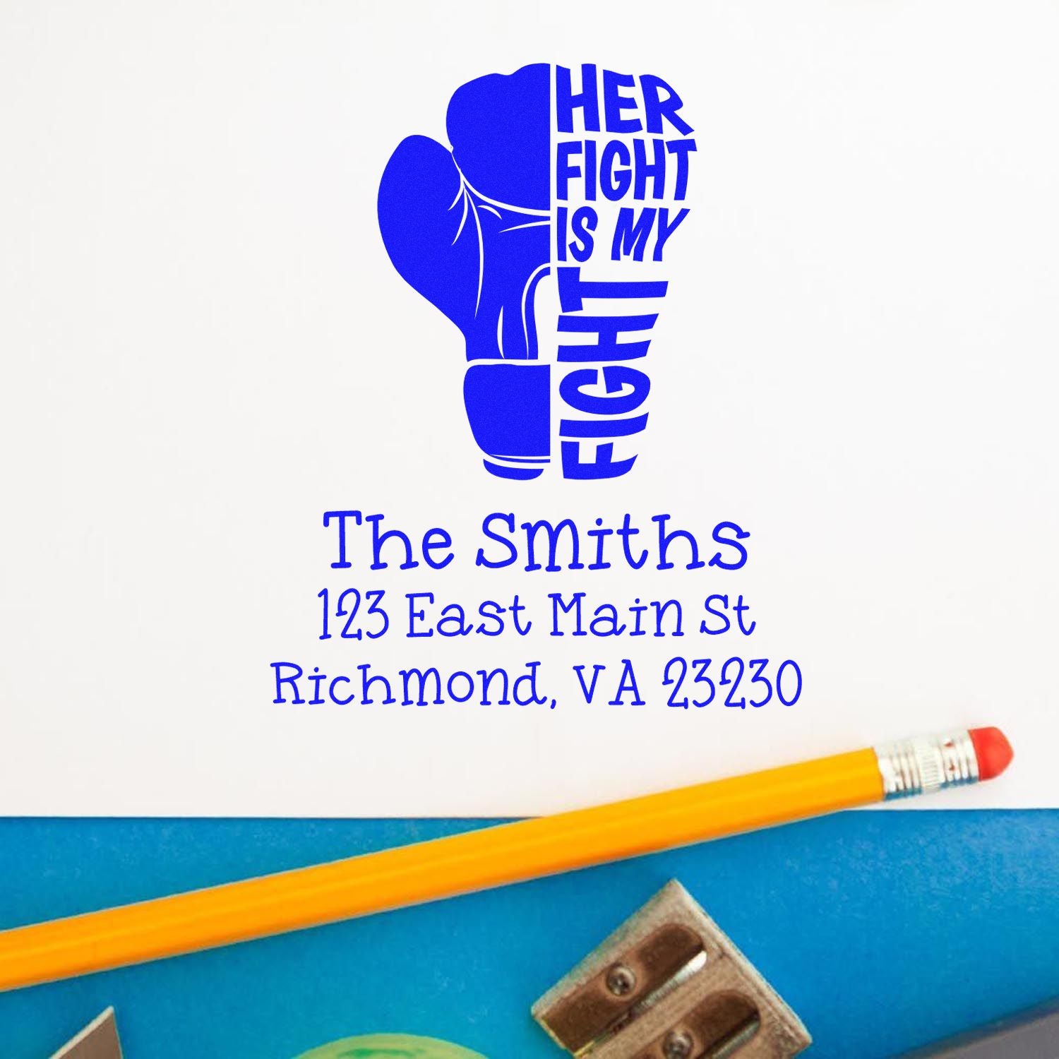 Custom rubber stamp with boxing glove and Her Fight Is My Fight design, personalized address stamp for awareness and support campaigns