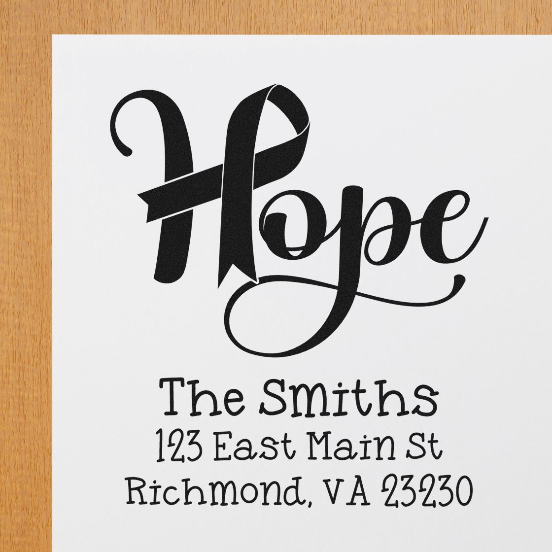 Personalized Hope ribbon rubber stamp with family return address for envelopes, cards, and awareness mailings.