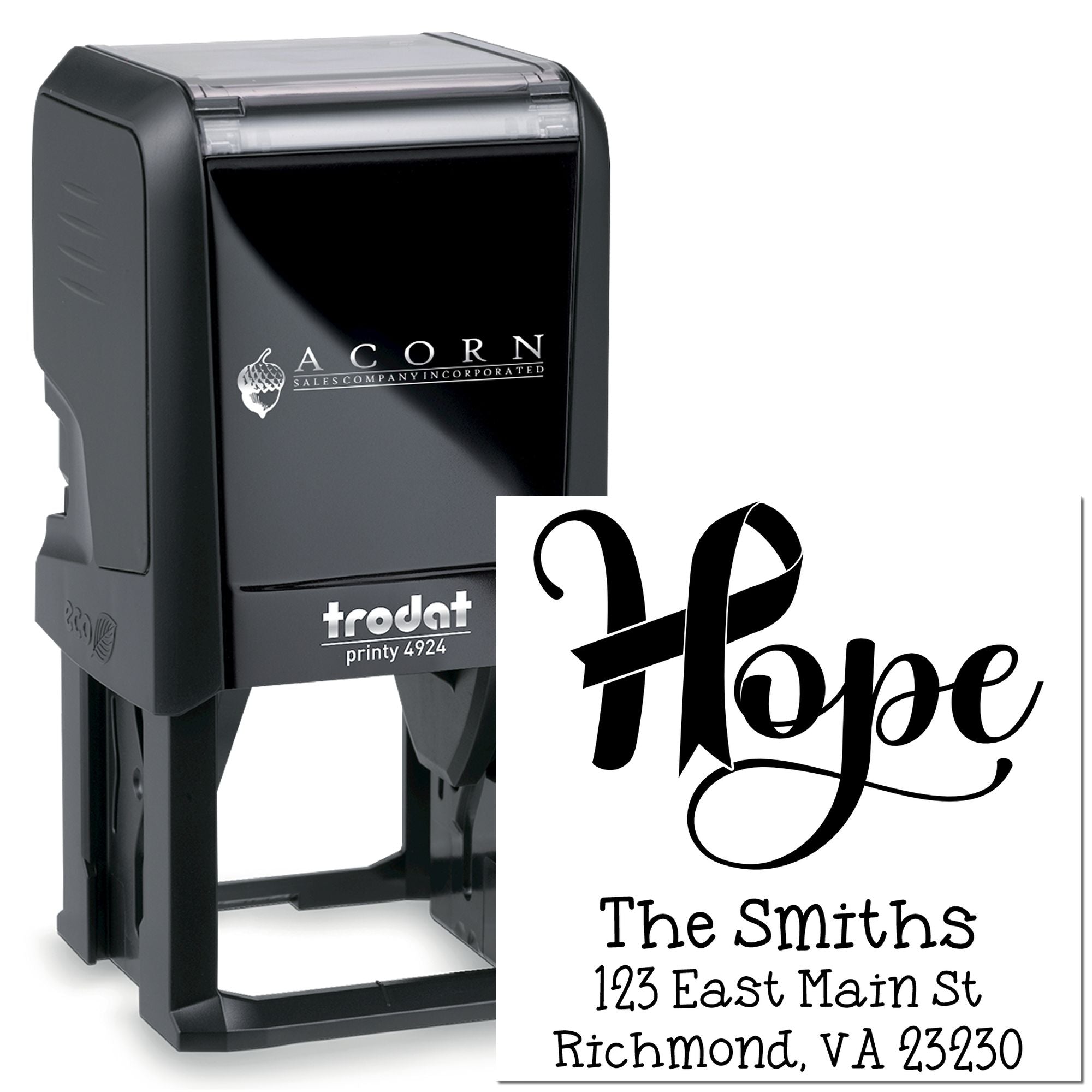 Custom self-inking address rubber stamp with Hope ribbon design and The Smiths return address.