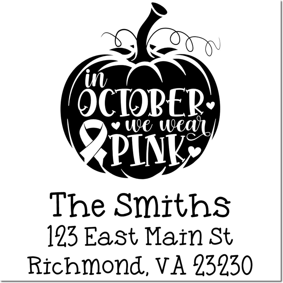 Custom rubber stamp design with pumpkin and In October We Wear Pink message, personalized with The Smiths return address.