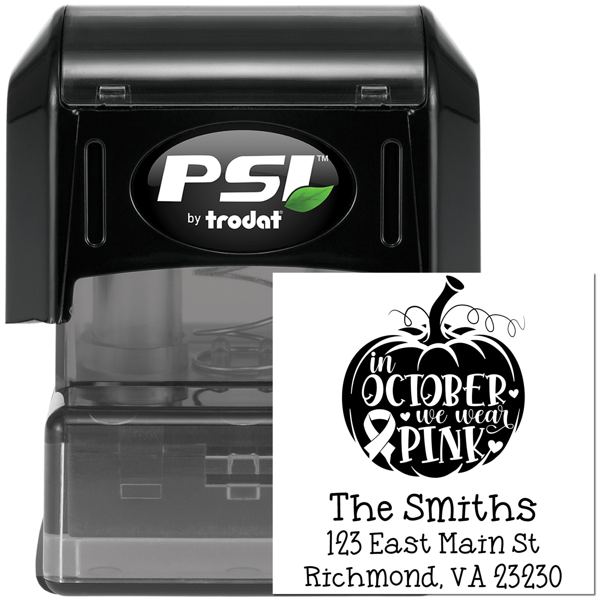 Custom self-inking address rubber stamp with Halloween pumpkin, In October We Wear Pink design for breast cancer awareness.