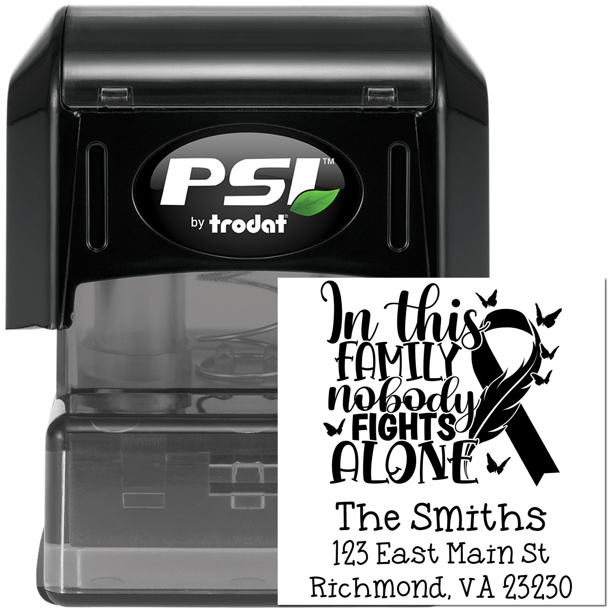 Custom self-inking rubber stamp with breast cancer ribbon and family address, ideal for awareness cards, gifts, and mailings.