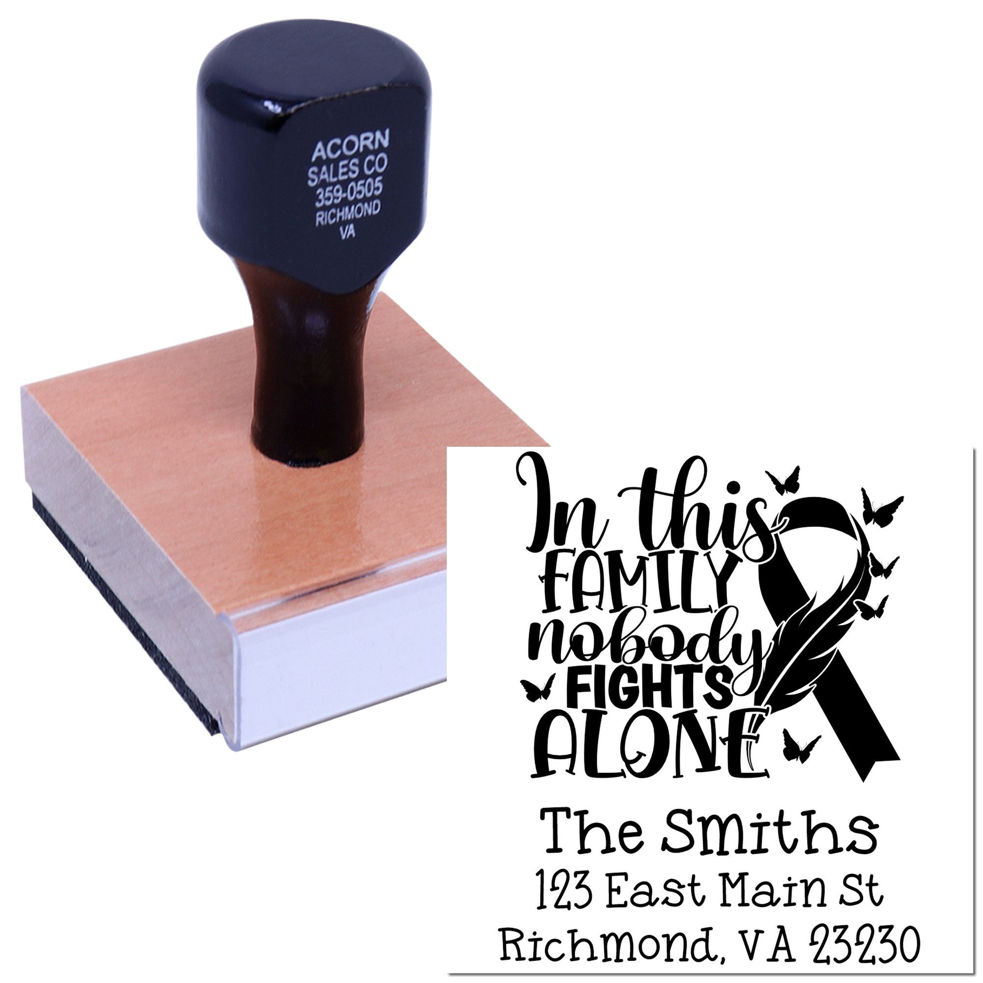 Personalized custom rubber stamp with awareness ribbon design and In this family nobody fights alone family name and address.