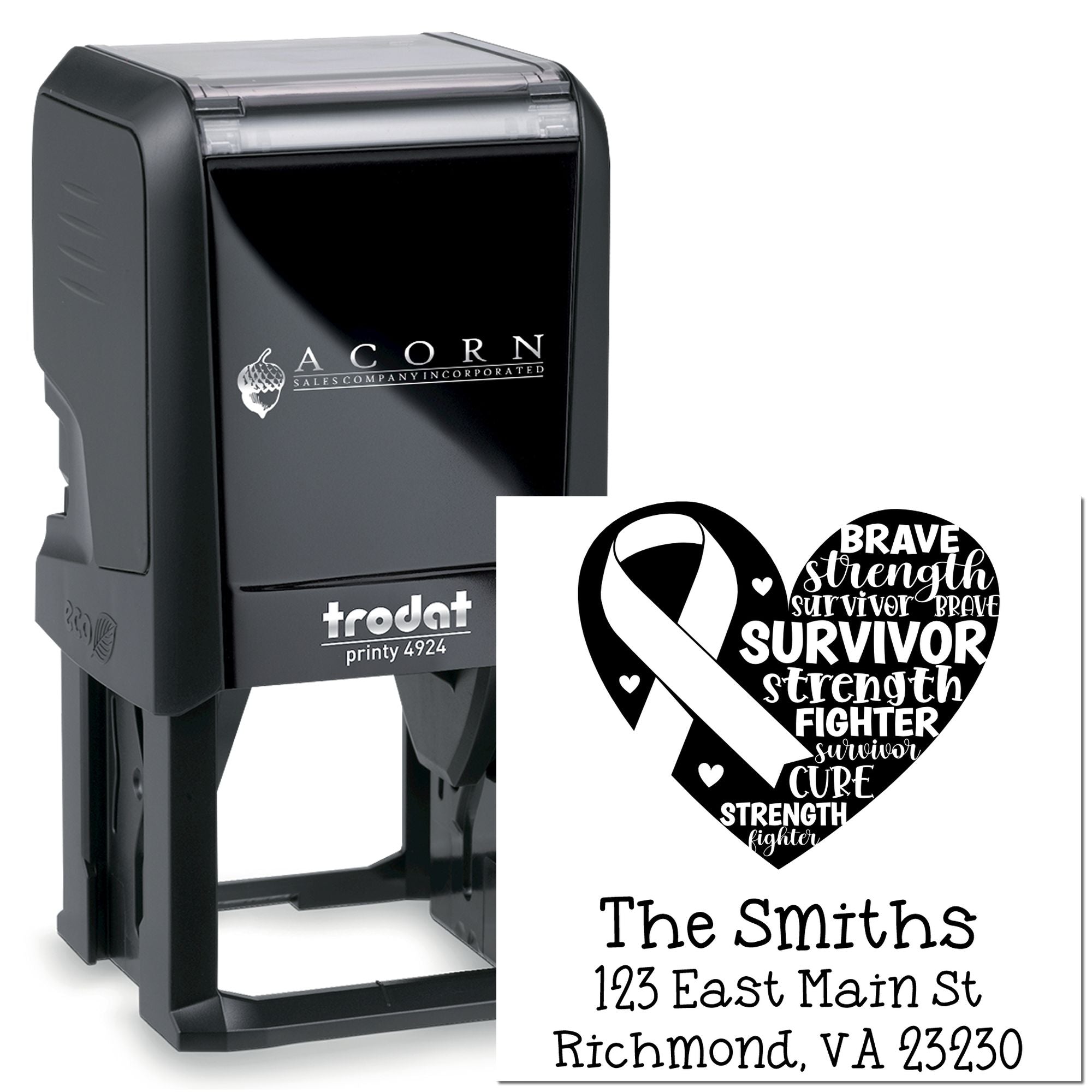 Trodat self-inking rubber stamp with cancer awareness heart ribbon design and custom return address for The Smiths, Richmond, VA.