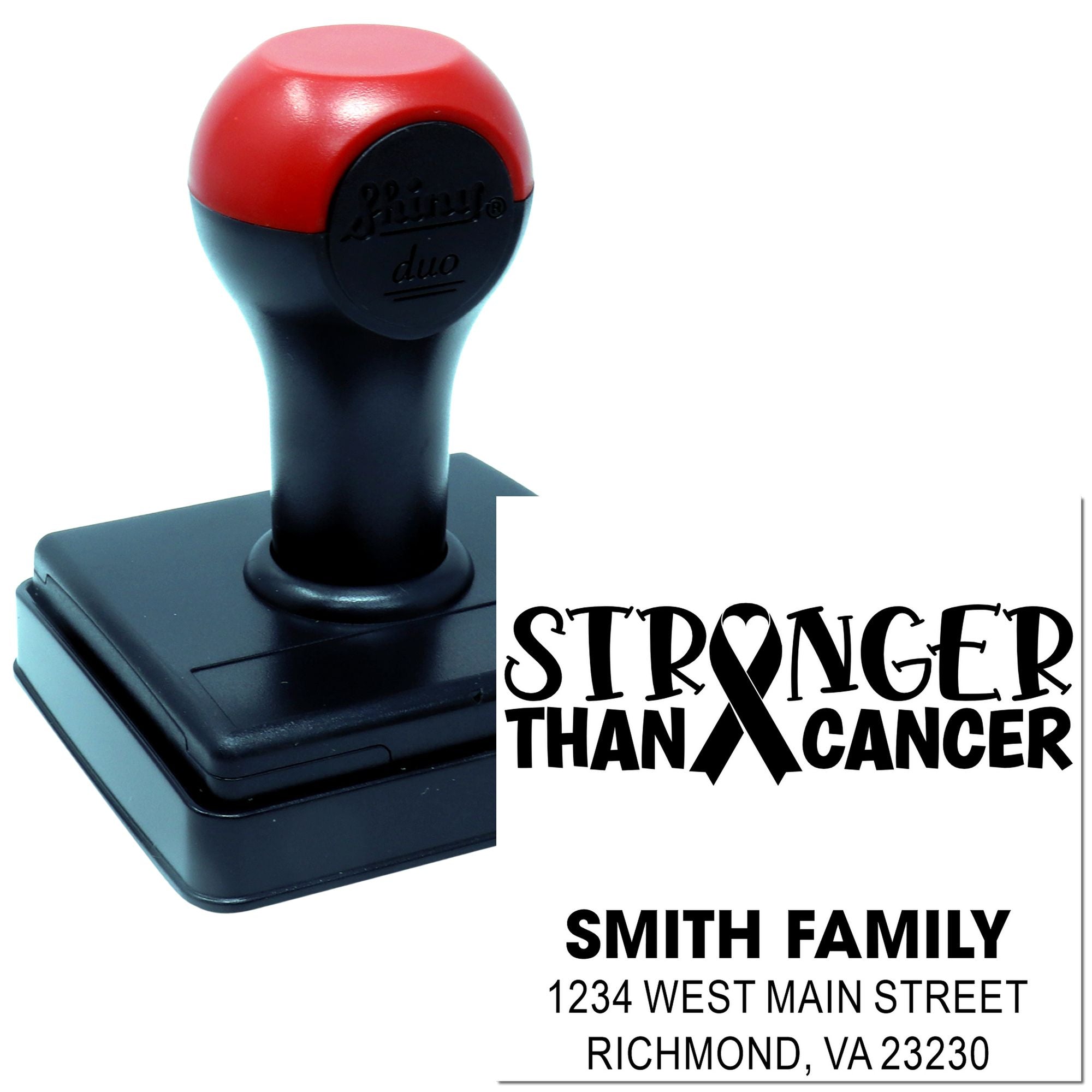 Custom rubber stamp with Stronger Than Cancer cancer awareness ribbon and Smith Family return address.