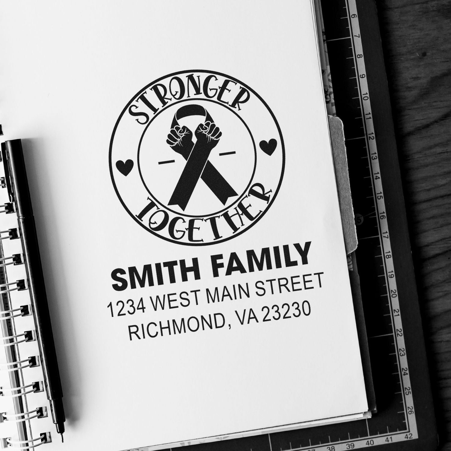 Custom family address rubber stamp mockup with Stronger Together ribbon design, Smith family name, and Richmond, VA address.