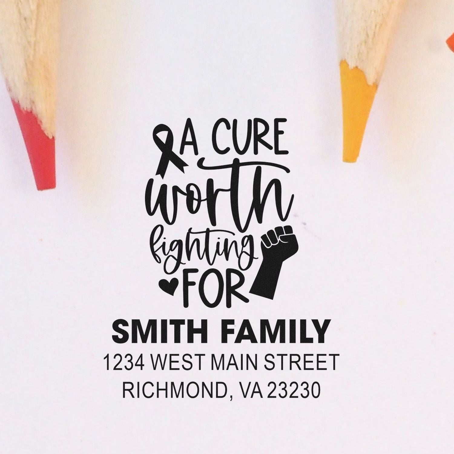 A Cure Worth Fighting For custom awareness rubber stamp for Smith Family with breast cancer ribbon, fist, and return address
