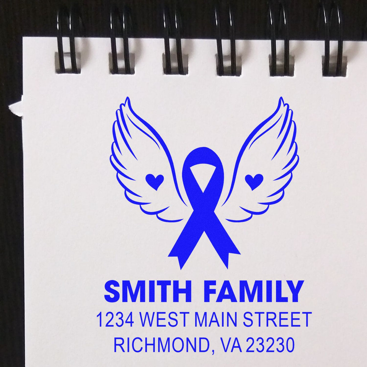 Personalized family address rubber stamp with blue awareness ribbon, angel wings, and hearts for Smith Family.