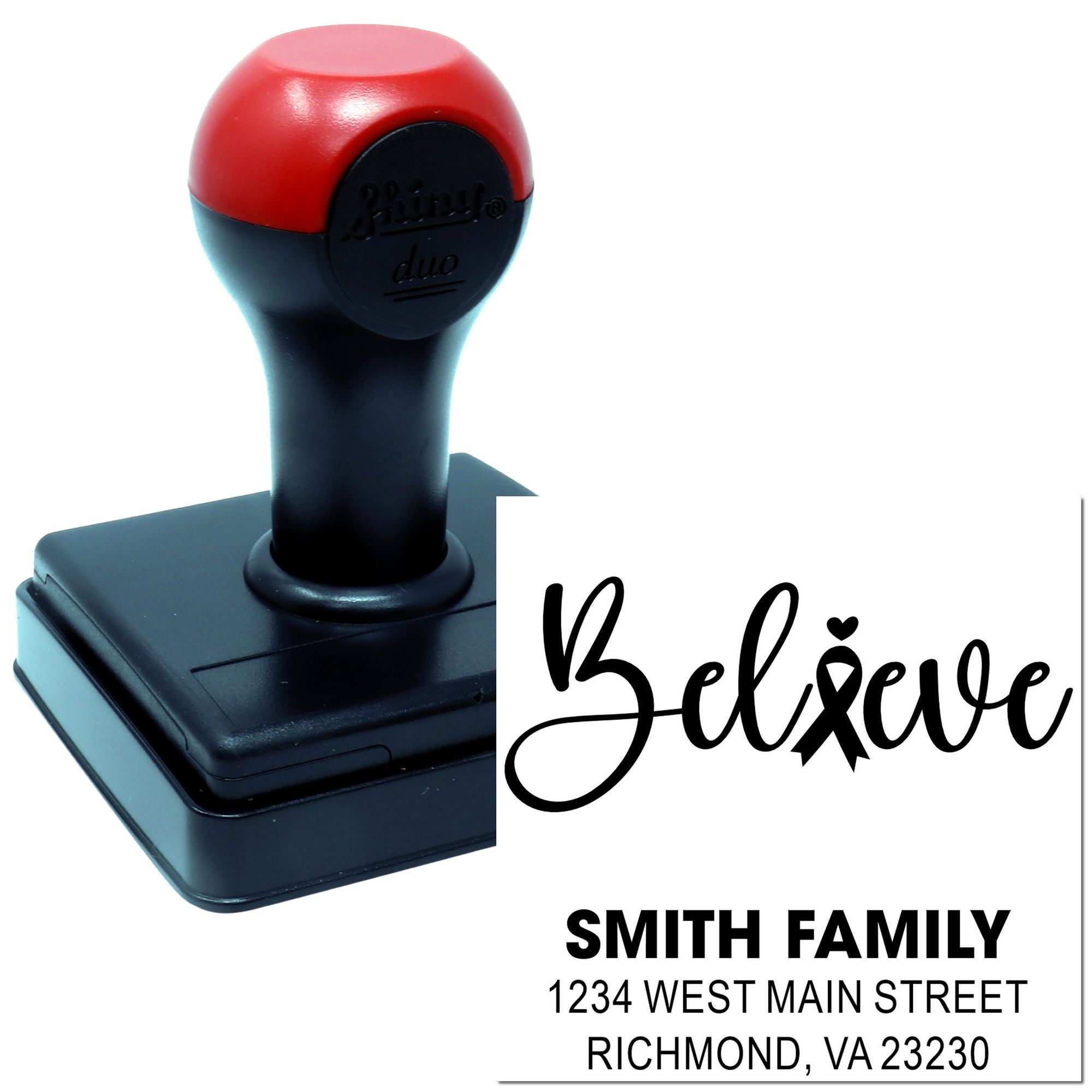 Custom self-inking rubber stamp with Believe design and Smith Family return address for personalized mailing.