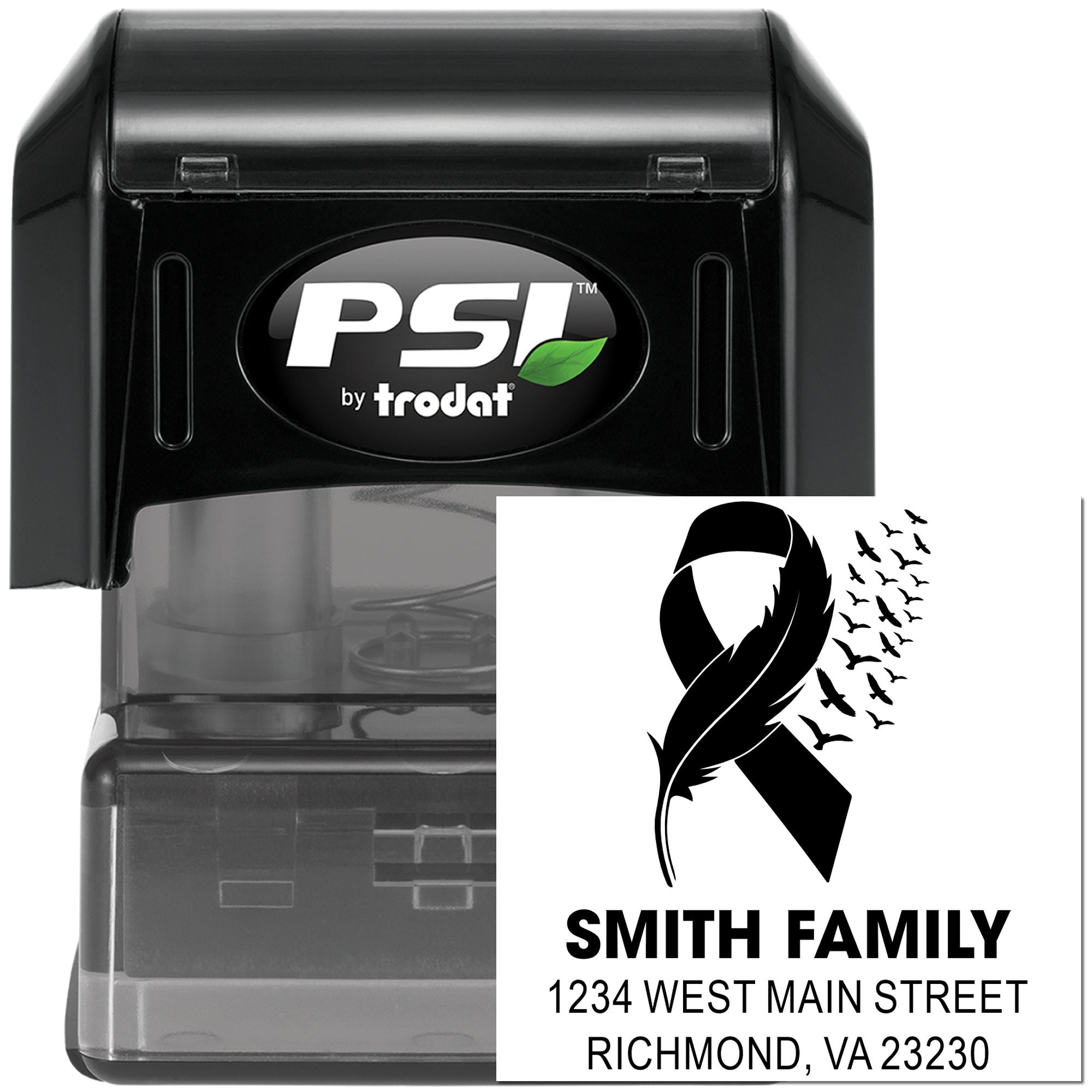 PSI by Trodat self-inking custom rubber stamp with memorial ribbon return address imprint for Smith Family mailings