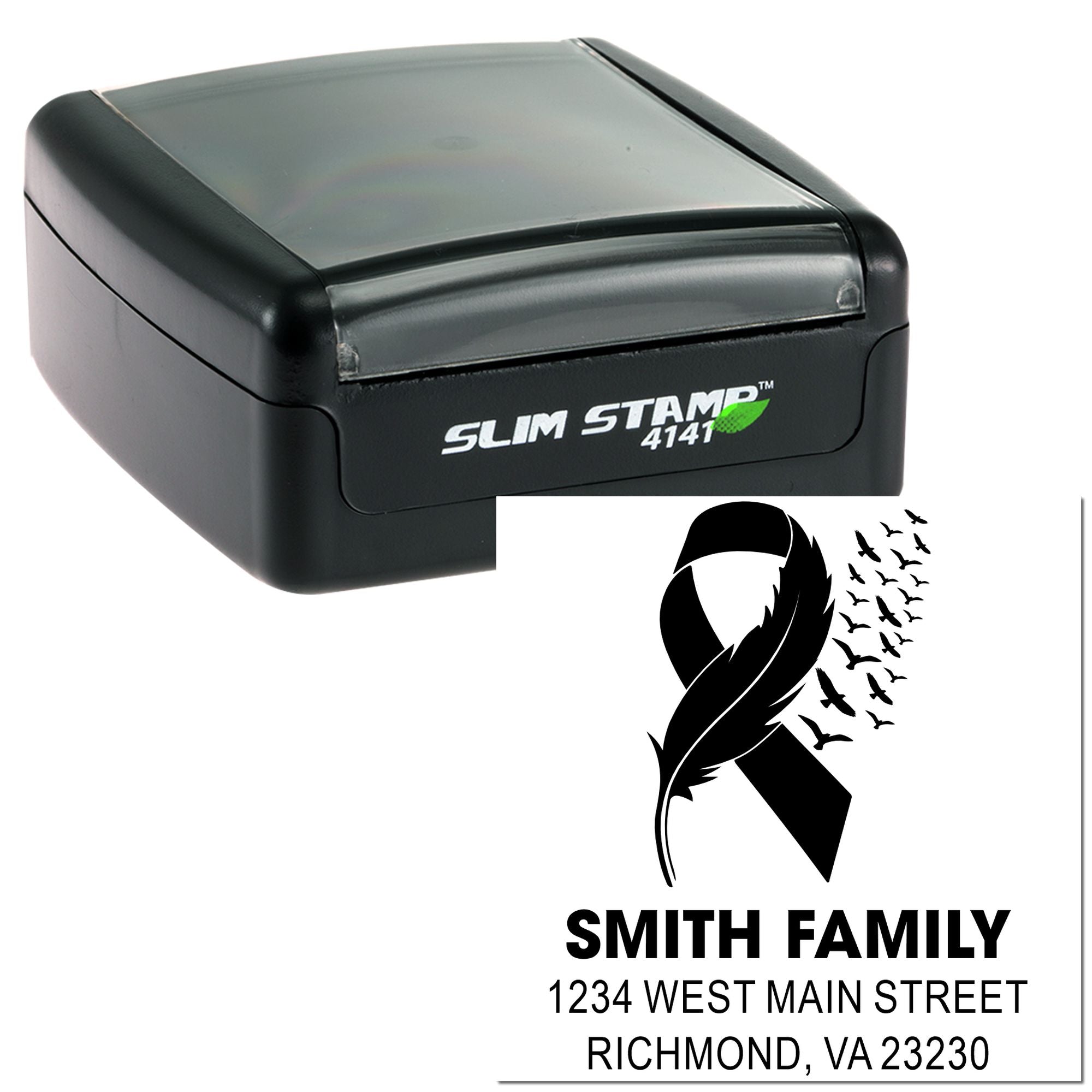 Custom slim self-inking rubber stamp with awareness ribbon return address design for Smith Family, Richmond, VA.