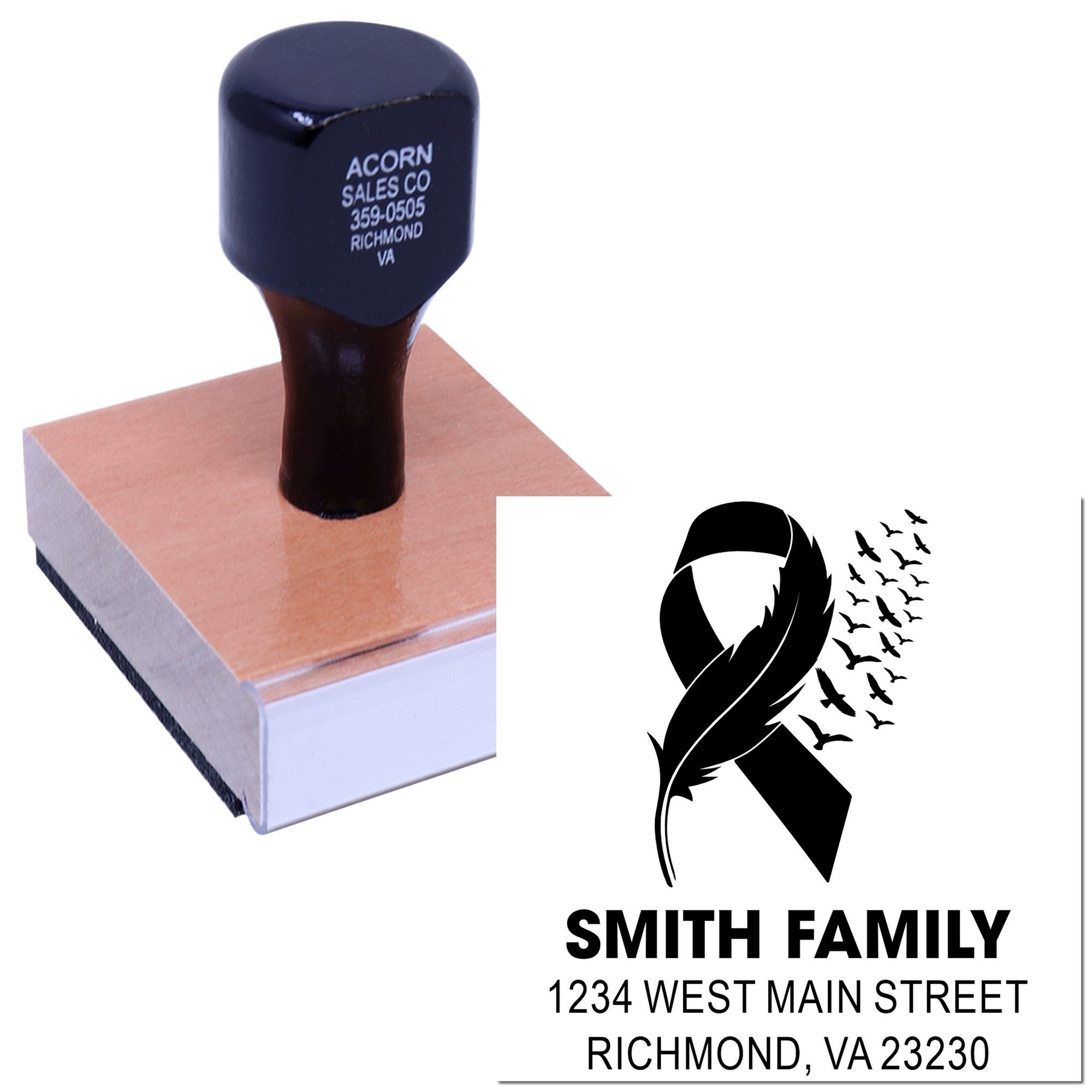 Custom return address rubber stamp with memorial ribbon design for Smith Family, Richmond, VA 23230