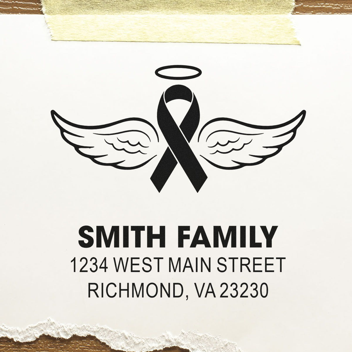 Custom return address rubber stamp with angel wings, halo ribbon, and Smith Family Richmond, VA address