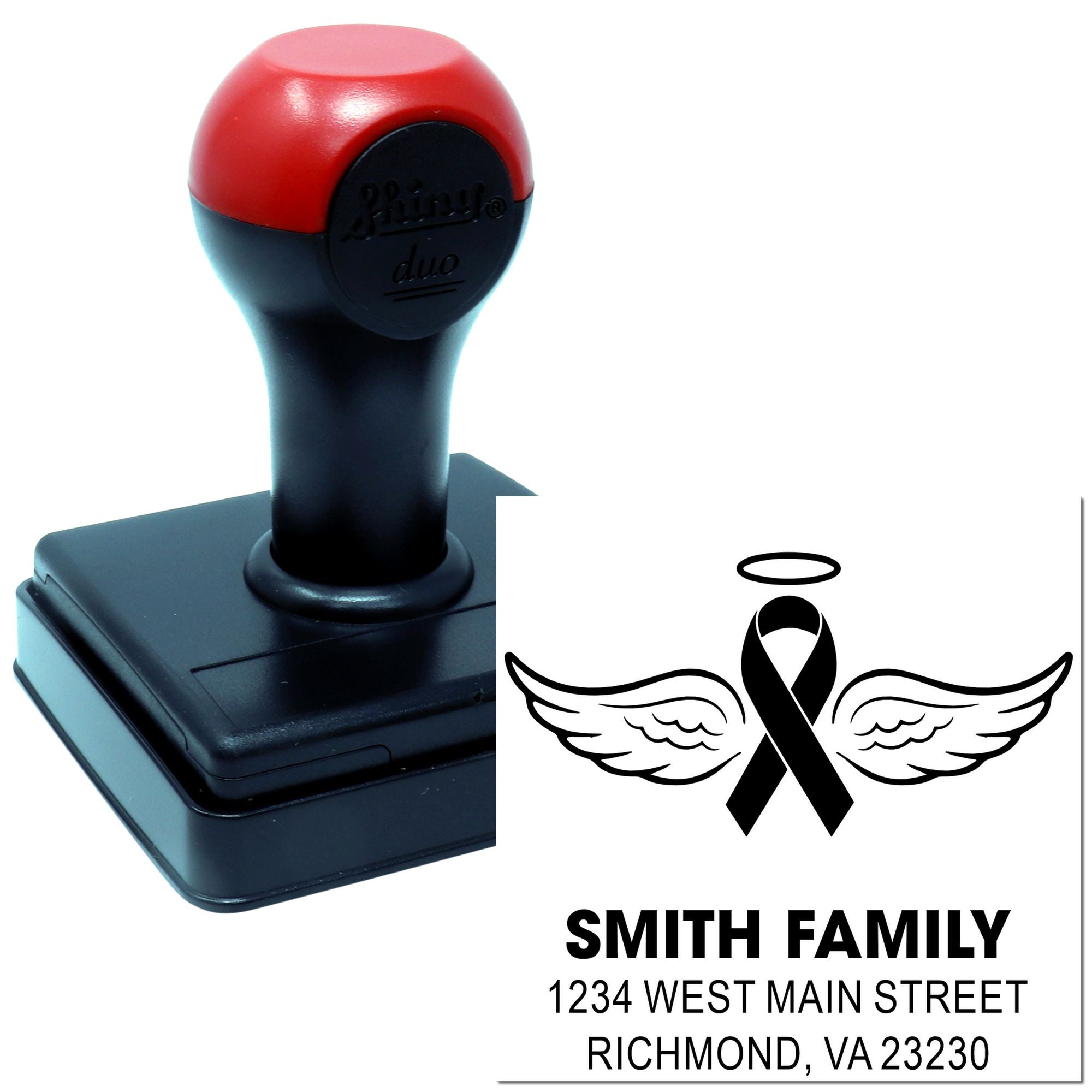 Custom self-inking rubber stamp with memorial ribbon and wings for Smith Family return address labels.