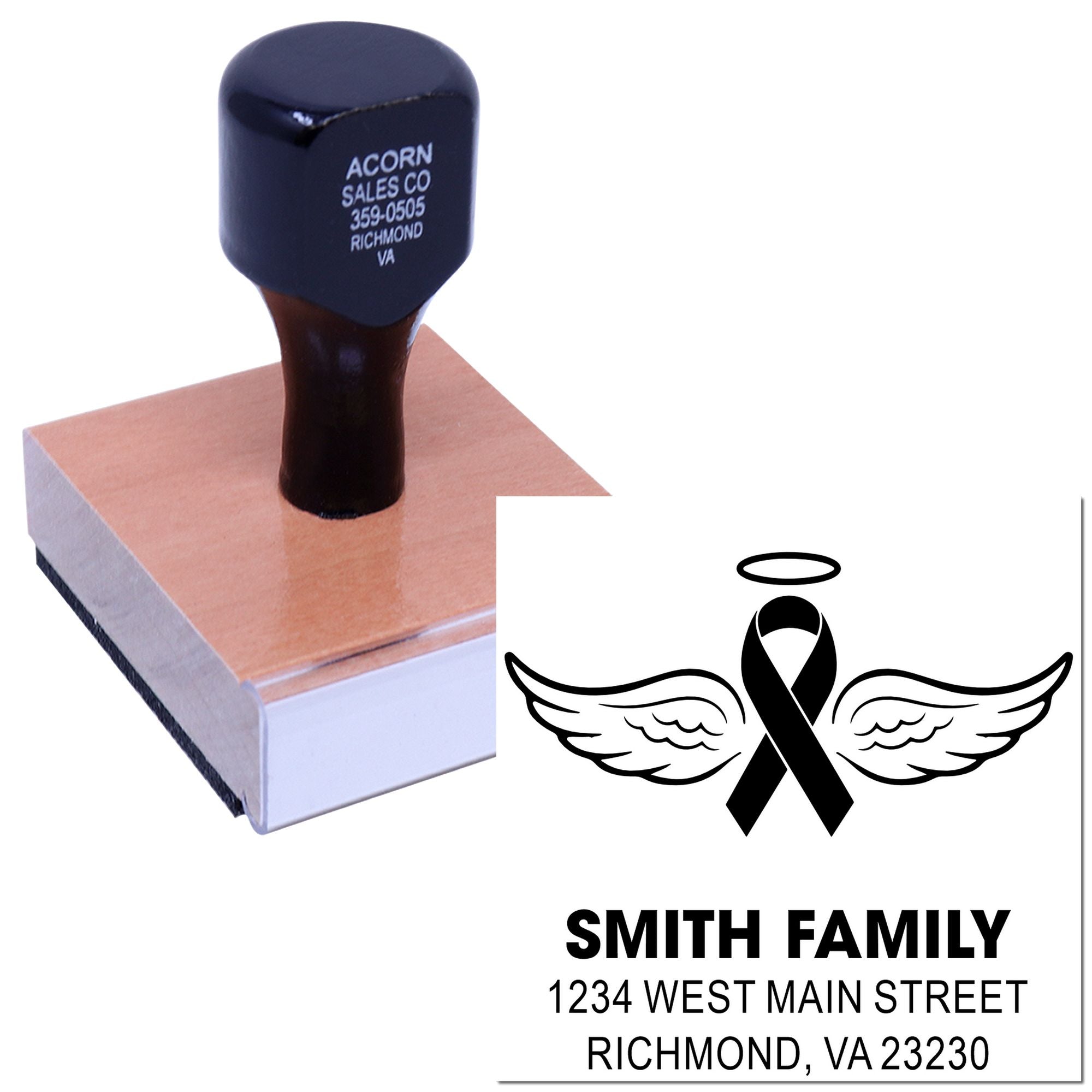 Custom memorial rubber address stamp with ribbon and wings design for personalized family mailing and remembrance.