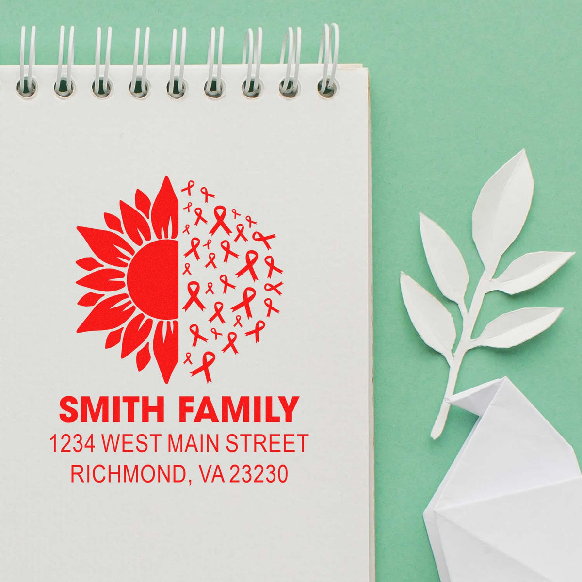 Custom family return address rubber stamp with sunflower and red ribbon design, featuring Smith Family and Richmond, VA address.