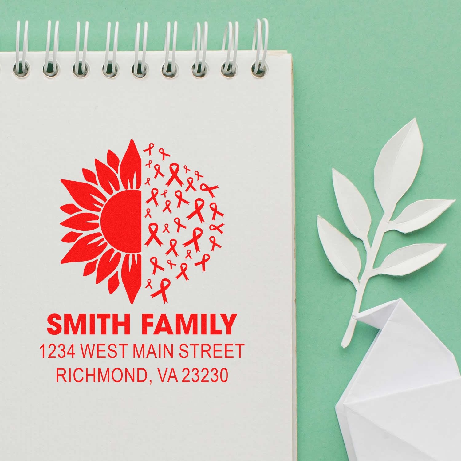 Custom family address rubber stamp with sunflower and awareness ribbon design, showing Smith Family return address.